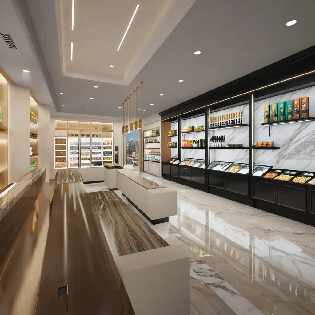 Luxurious Convenience Store Interior with Cityscape View