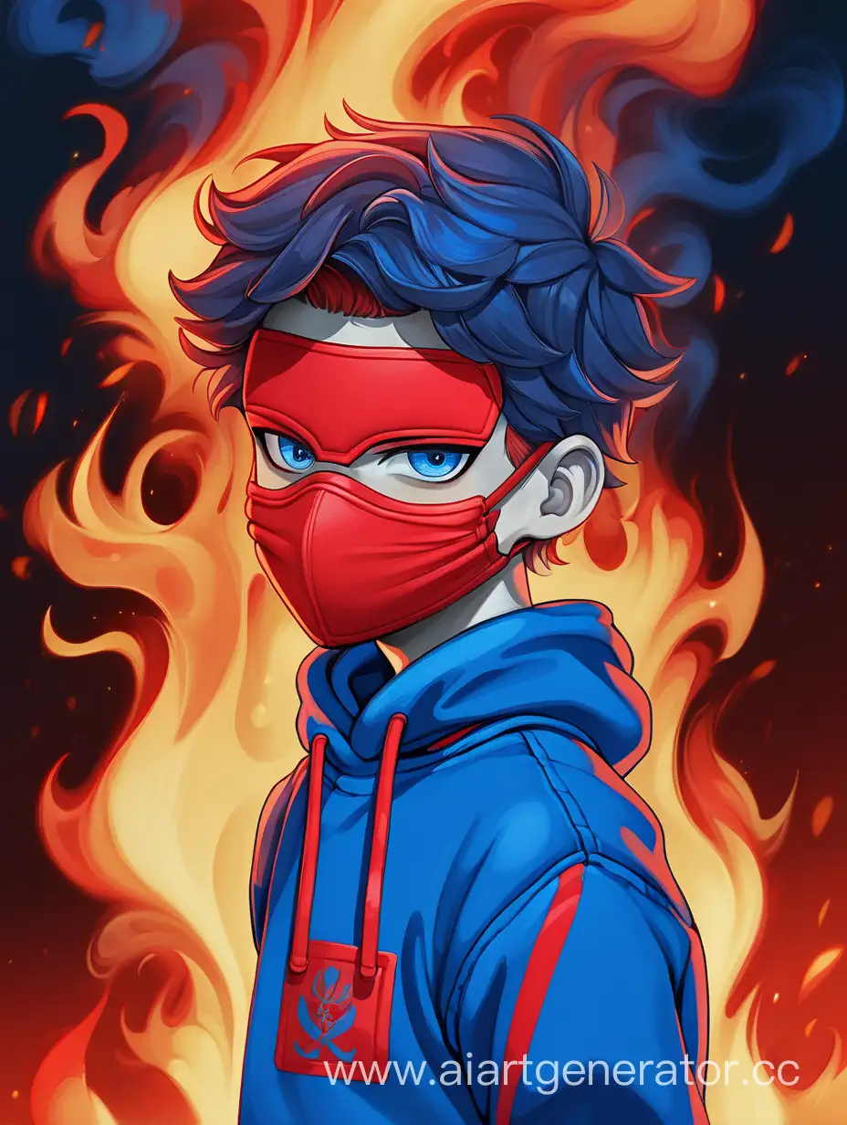 мальчик в красно синей толстовке, красно синих штанах, в сине красной маске, на фоне красно синей огонь, волосы красно синеи