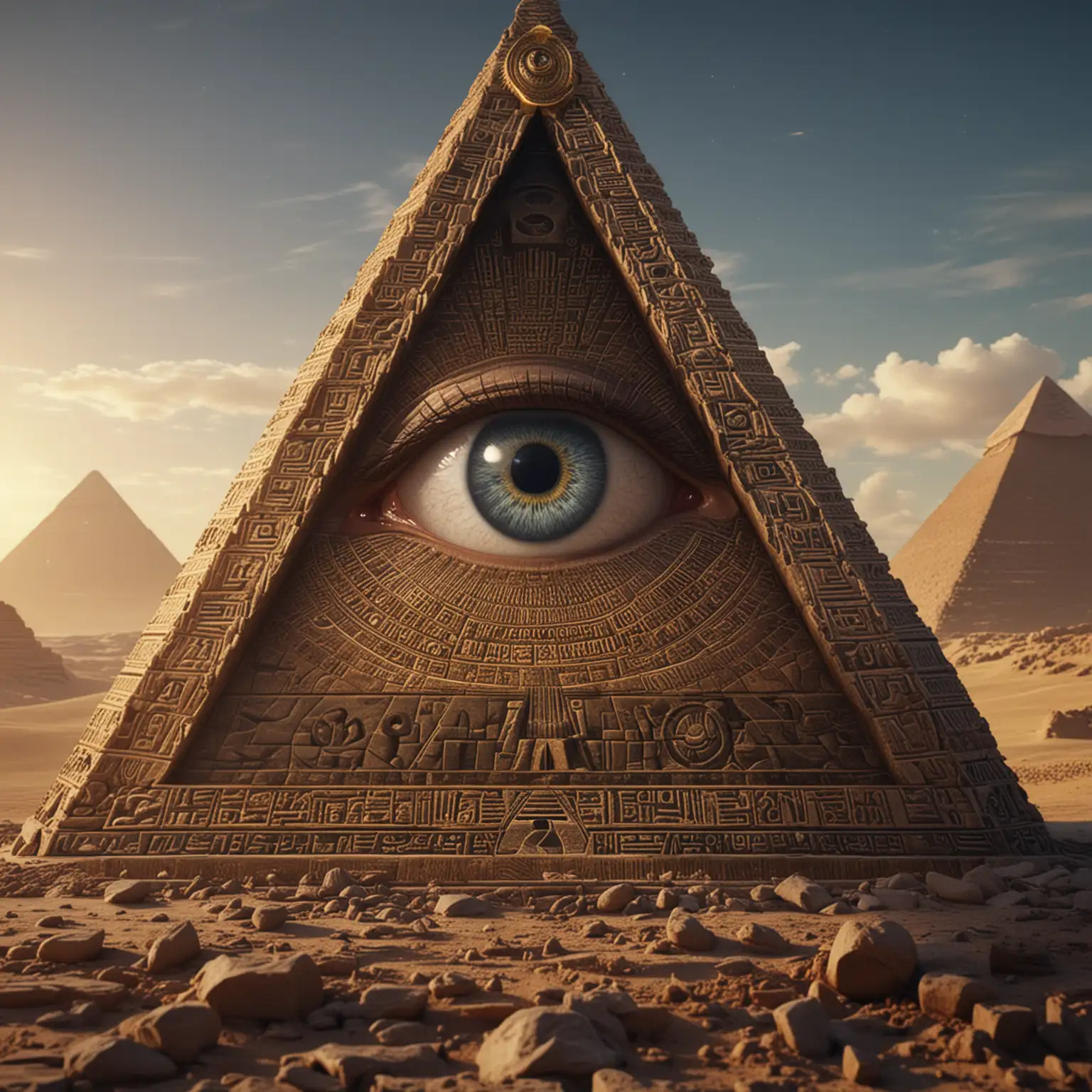 (beneath the all-seeing eye: 1.3), a beautiful all-seeing eye in a in a pyramid, full shot, super realistic, extremely hyper detailed, cinematic 8k.