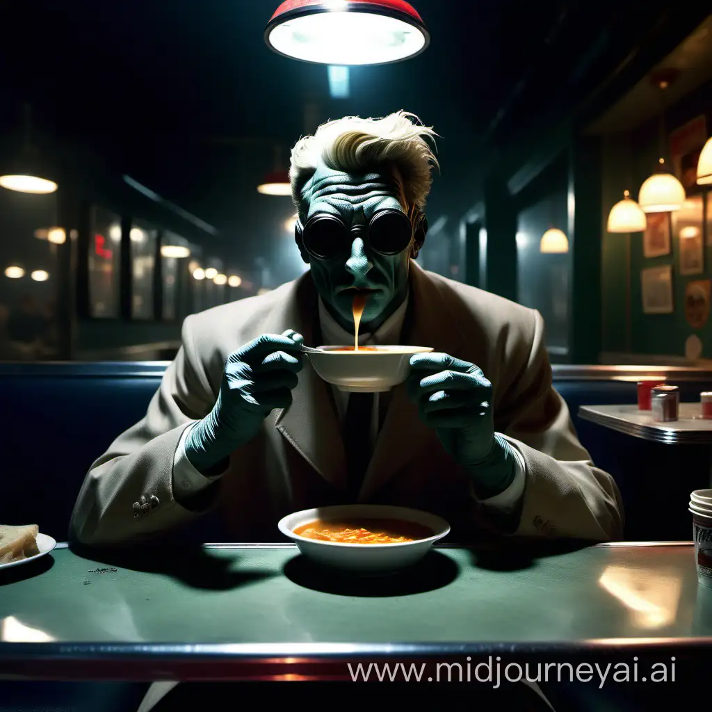   The invisible man eating soup in a downtown diner in style of realism by frank frazetta and annie leibovitz, emotive and moody and muted, dark background