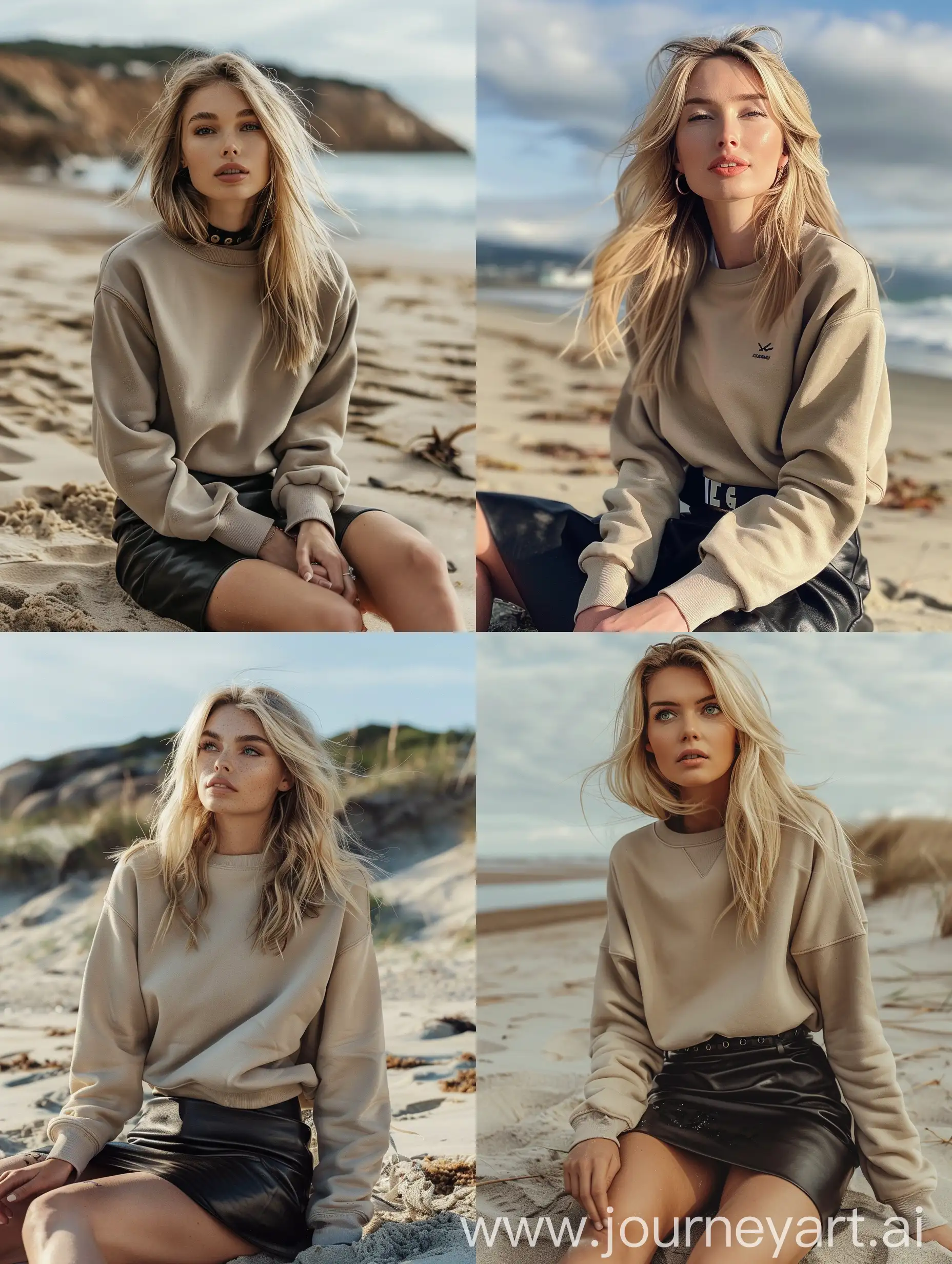 Beautiful-Blonde-Enjoying-Beach-Tranquility-in-Chic-Beige-Sweatshirt-and-Black-Leather-Skirt