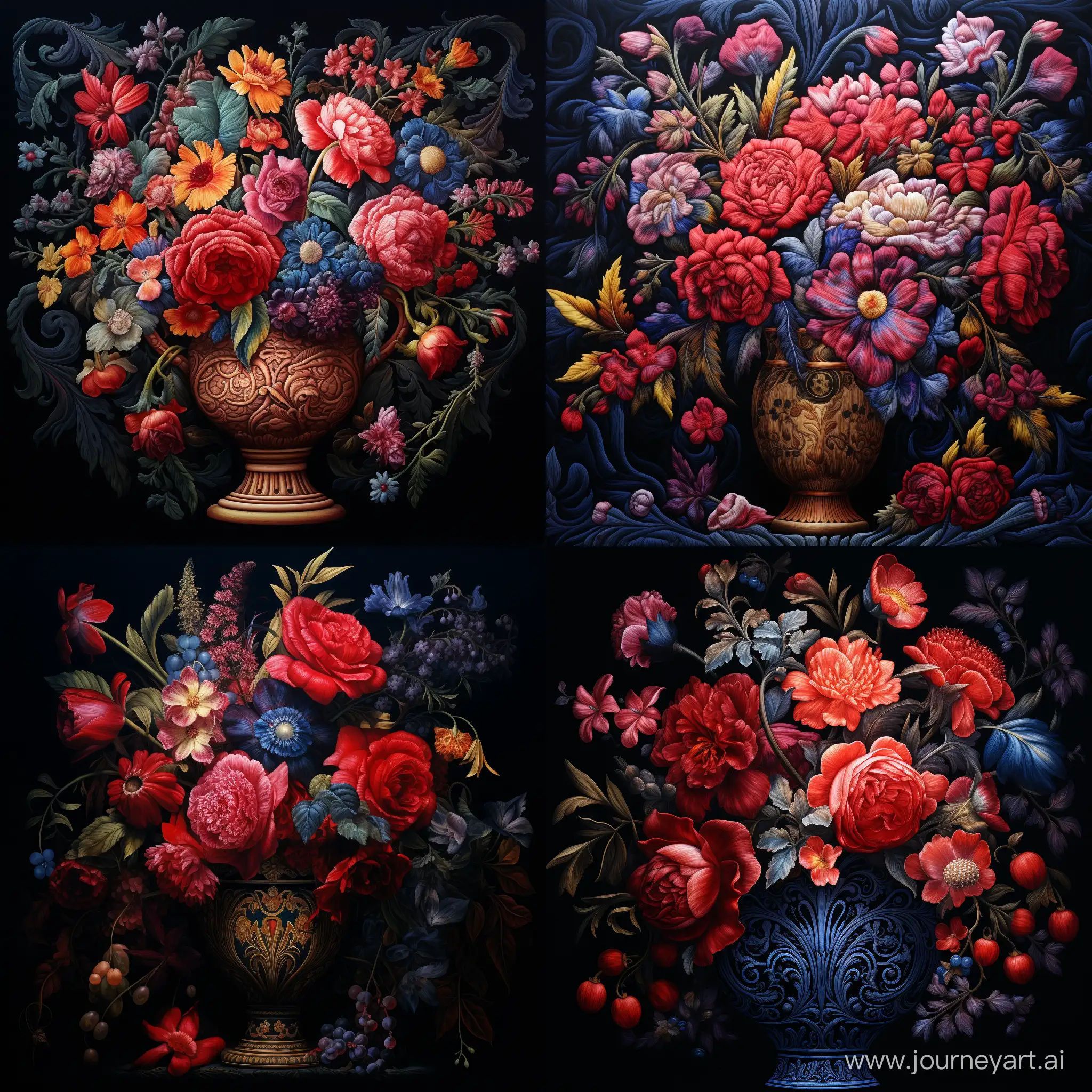 a painting of flowers in a vase, in the style of baroque ornate and dramatic compositions, realistic color schemes, embroidery, caravaggesque chiaroscuro, detailed wildlife, dark blue and red, ornate embroidery