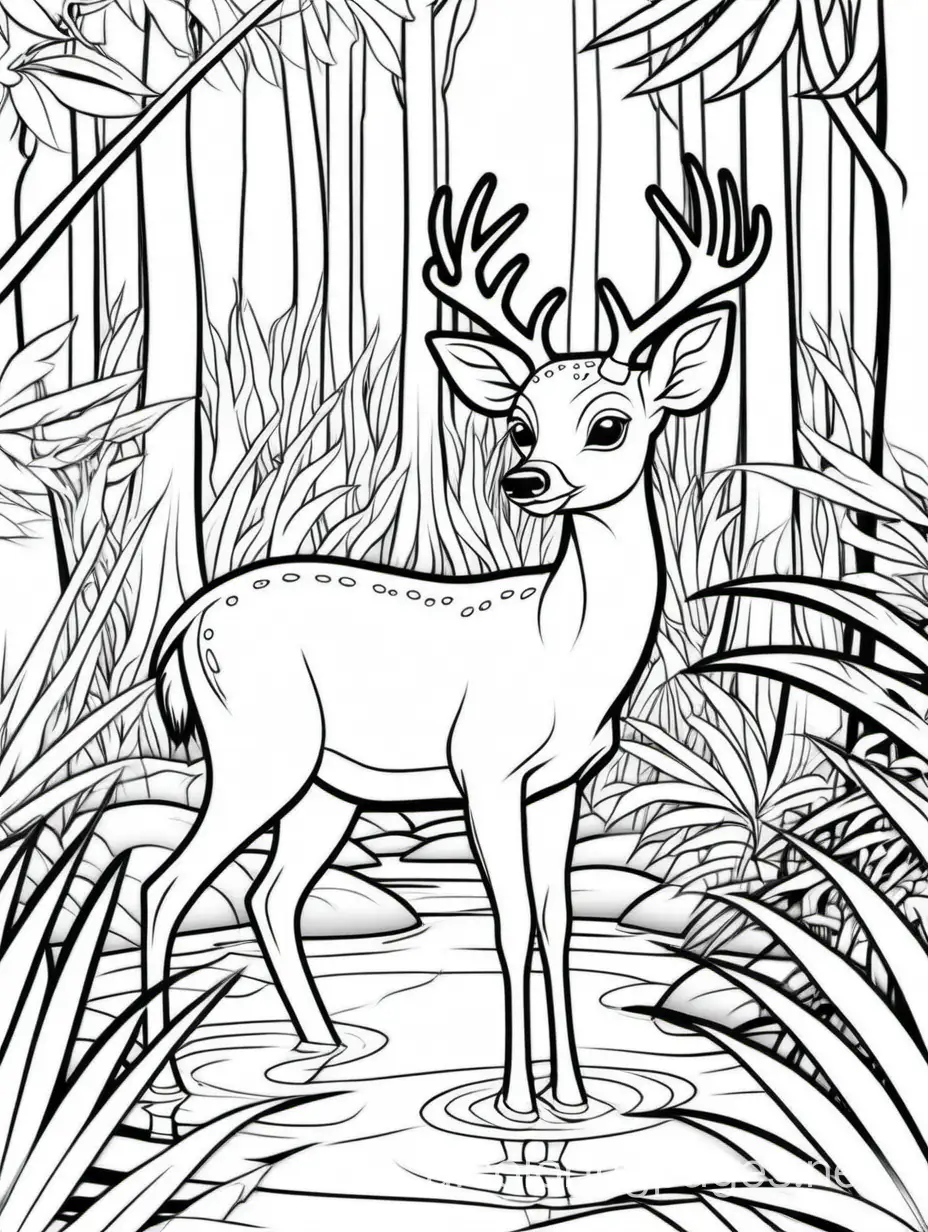 Swamp deer in a jungle , Coloring Page, black and white, line art, white background, Simplicity, Ample White Space. The background of the coloring page is plain white to make it easy for young children to color within the lines. The outlines of all the subjects are easy to distinguish, making it simple for kids to color without too much difficulty