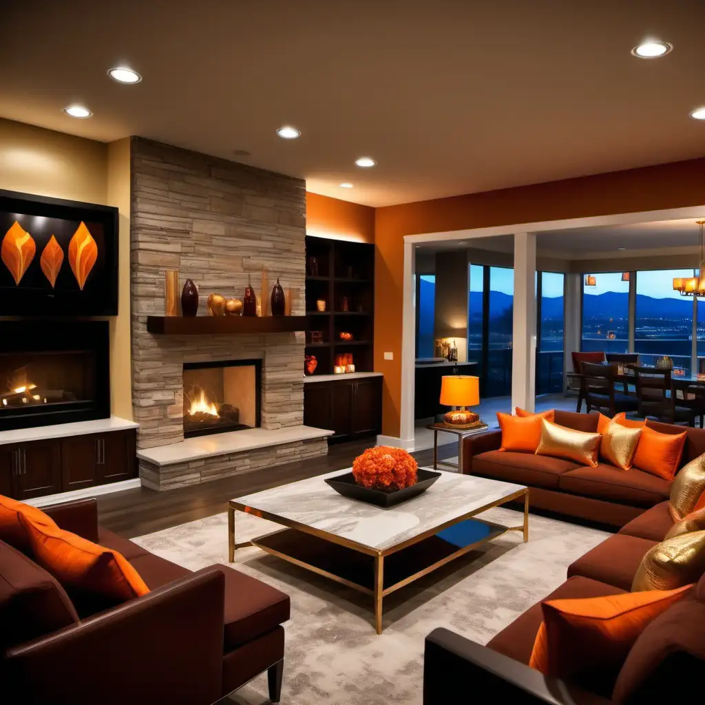 Create a 4k living room with warm lighting and upscale furnishings with a fireplace with open floor plan. Use vibrant colors of orange, brown and soft gold