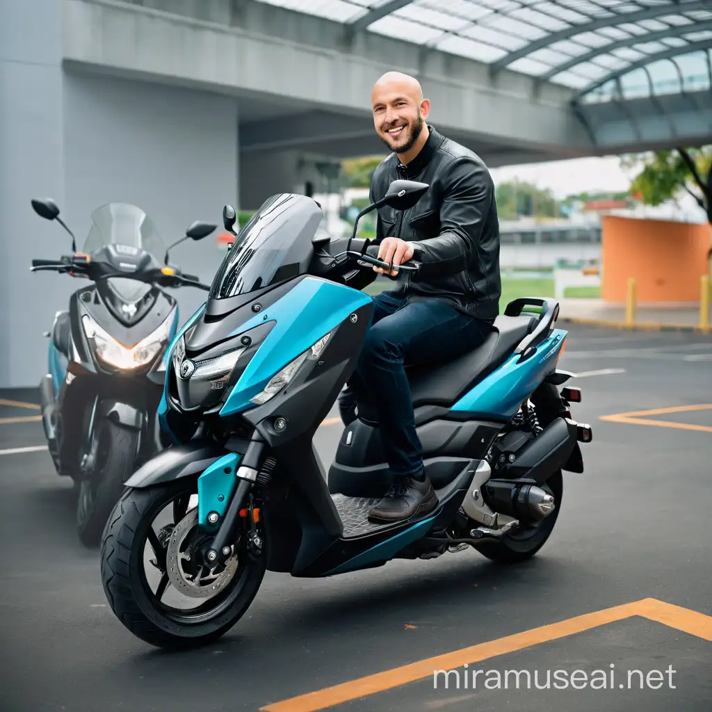 a photo, ultrarealistic, close up view, view from beside, a view of a cyan Yamaha Xmax 250cc scooter, park in the parking lot, a handsome bald guy sitting on the scooter, smiling, no helmet, focus on scooter, perfect lighting, shadow, vibrant colour, ultra detailed, ultra realistic, ultra quality, with dramatic polarizing filter, sharp focus, HDR, 64K, 16mm, color graded portra 400 film, remarkable color, ultra realistic,