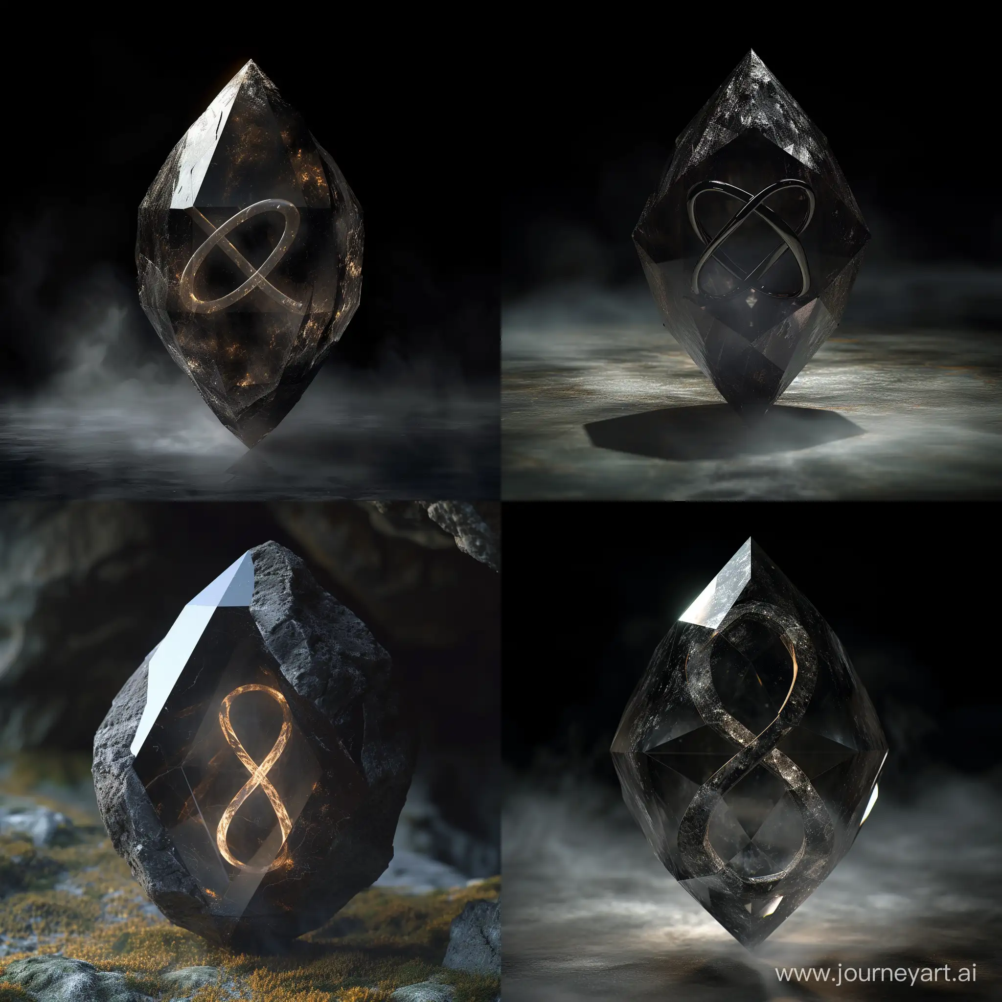 translucent black diamond-shaped crystal inside with a light haze in the shape of an infinity sign called essence, cave, lotr, realistic, fantasy, 4k, hd
