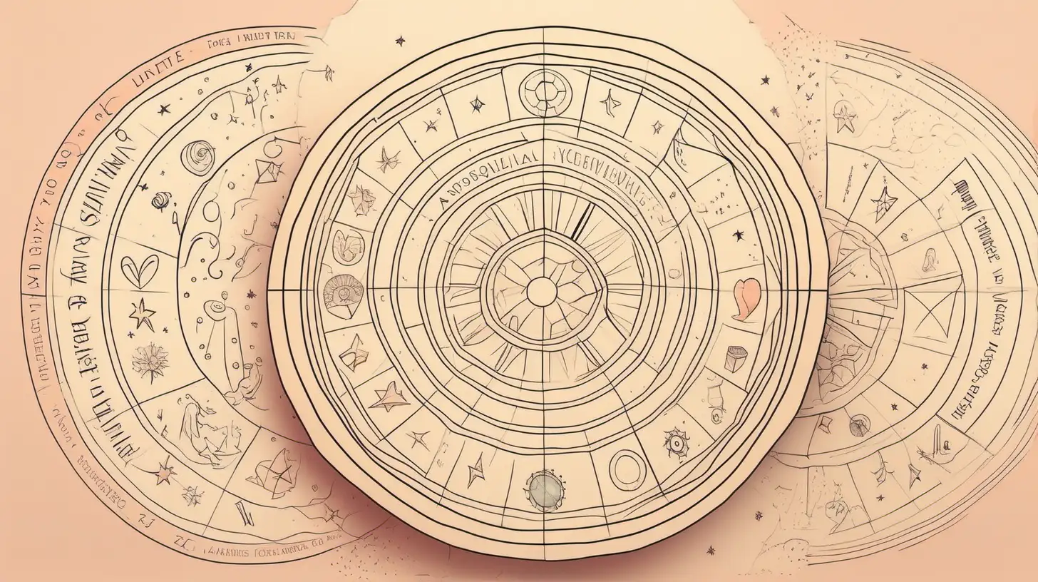 Draw an astrological wheel, love letters , Loose lines. Muted color, ADD text and banner