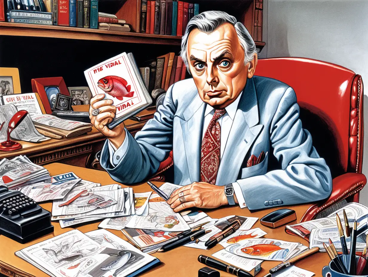 cartoon, gore vidal holding a red herring at his desk; vivid color