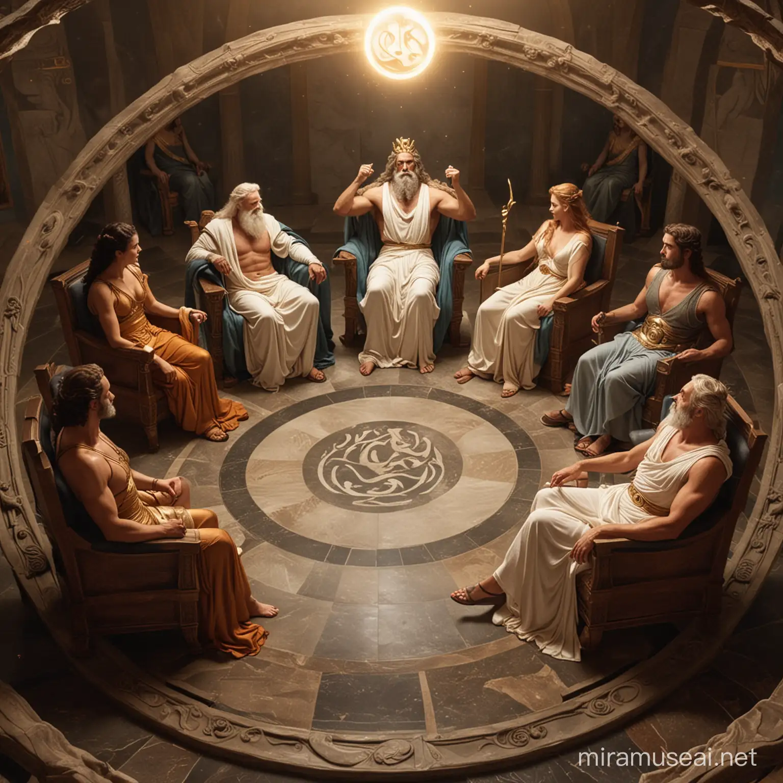 Zeus, Hades, Poseidon and the other Olympian gods and goddesses sitting in their armchairs in a perfect circle, talking