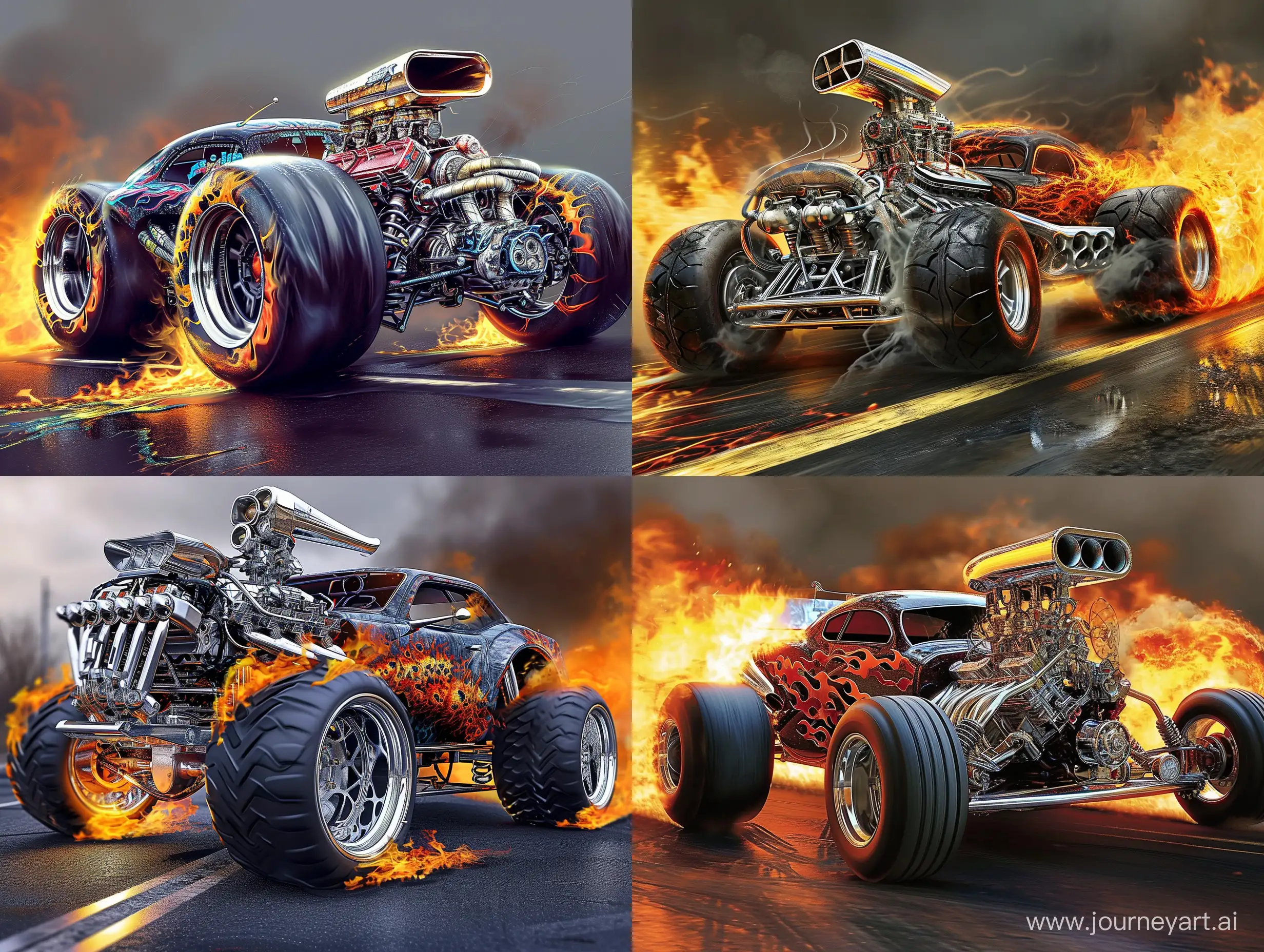An extreme sports car. It has an elaborate custom, fire, chrome, and black auto design.  The engine is oversized, and has a chrome, overhead air breather, extruding from the front hood. The suspension is supported by monster truck tires with chrome rims. The road and the vehicle are on fire.