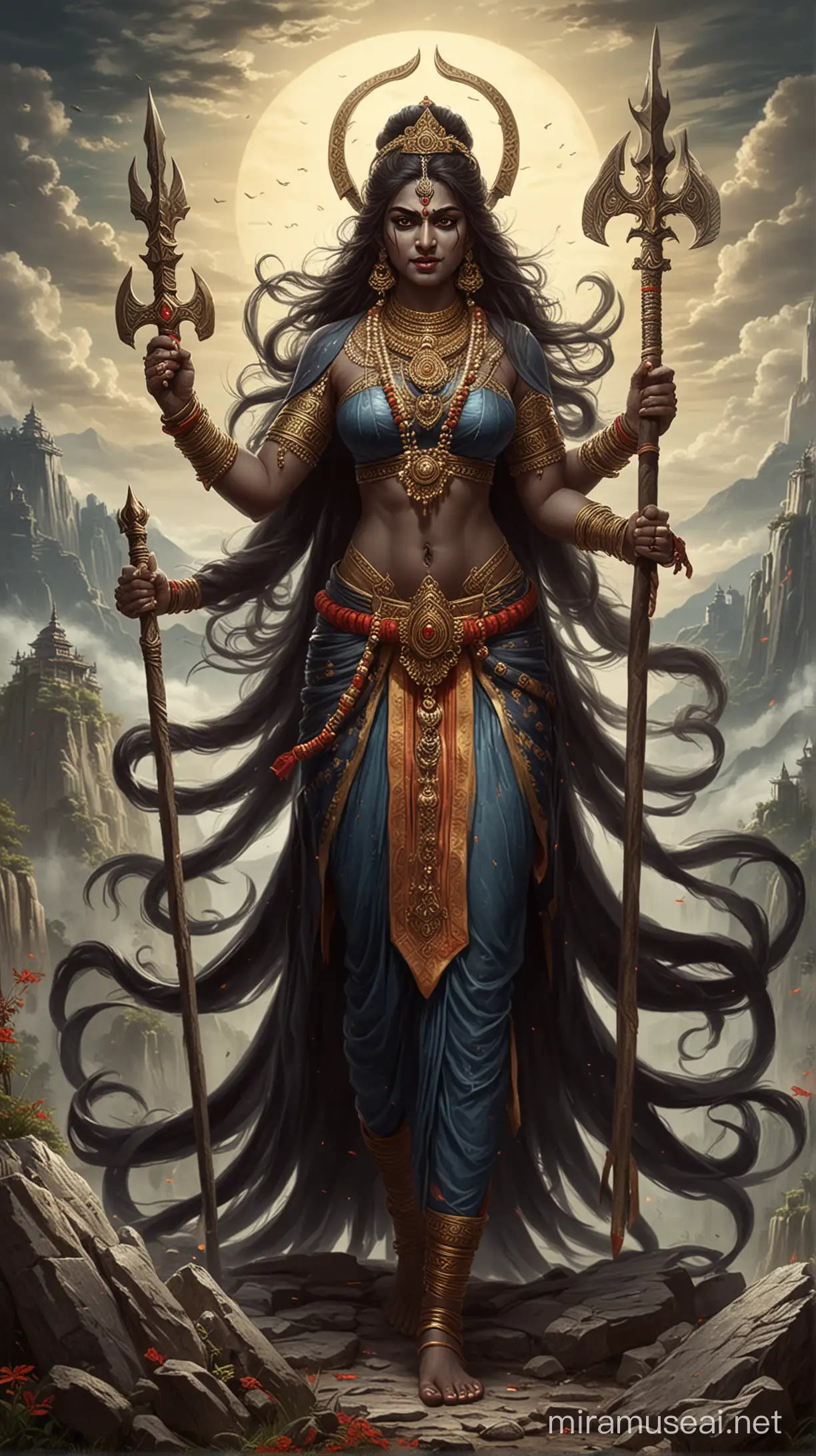 Begin drawing Maa Kali at the top or amidst the hills. You can draw her in a traditional form with multiple arms and fierce expression. Pay attention to details like her clothing, ornaments, and the weapons she holds such as a sword and a trident. Use references or images of Maa Kali to ensure accuracy in your drawing.