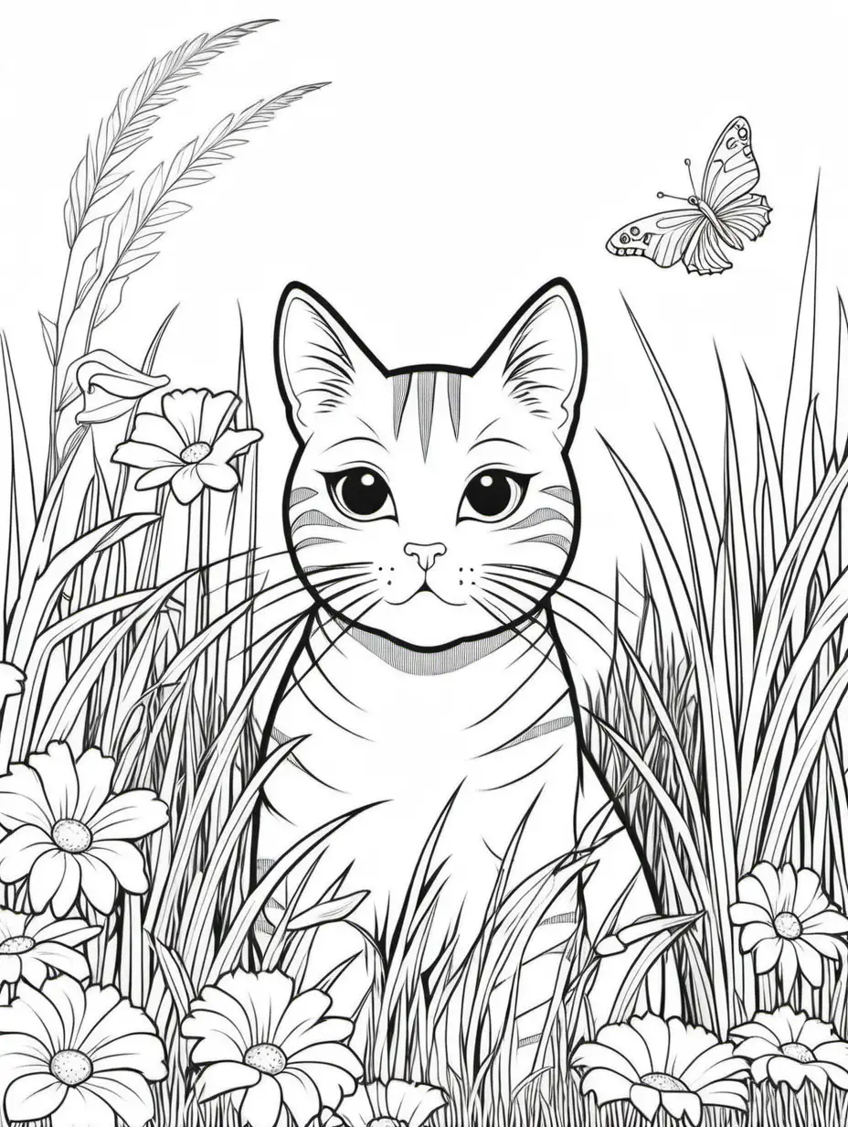 colouring page of cat behind grass and flowers