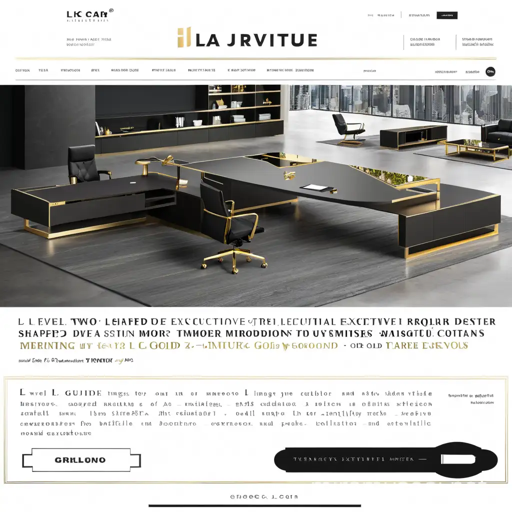 Luxurious TwoLevel LShaped Executive Desk with Gold Finish and Mirrored Accents