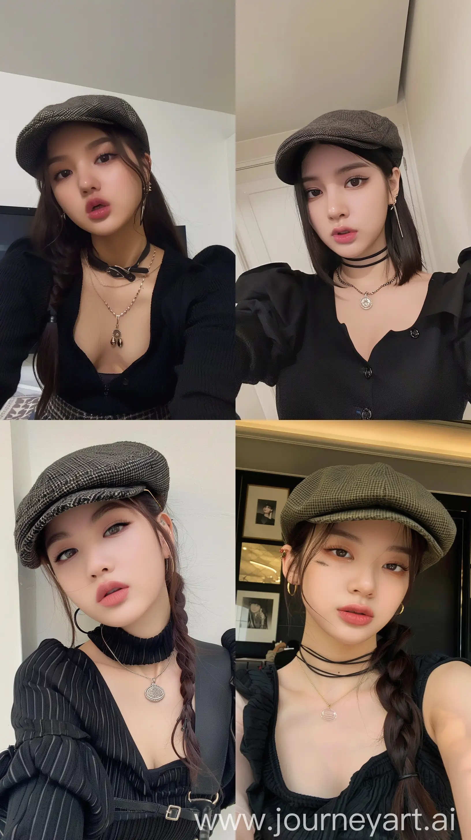 a blackpink's jennie, selfie, wearing cute black clothes, aestethic make up,hotly, wearing stylish flat cap --ar 9:16