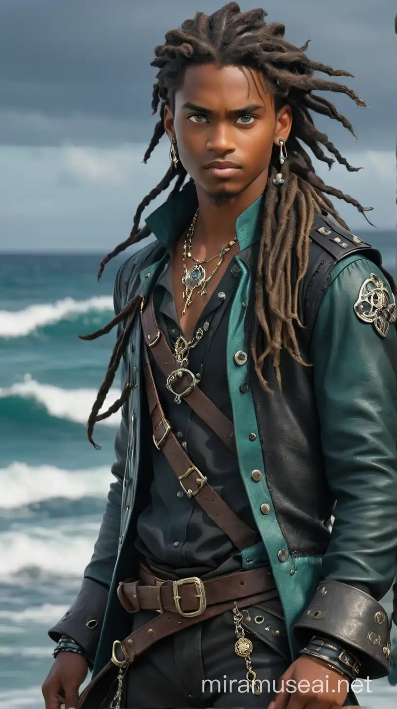 A Striking Young Man with rich, dark skin and a strong, chiseled jawline. His long dreadlocks cascade down his back in a mesmerizing blend of teal, white, and black, reminiscent of the ocean depths. His piercing eyes, the color of stormy seas, exude an air of mystery and power. The Boy's physique is lean yet muscular, a testament to his underwater heritage and his mother's formidable legacy. His attire reflects a fusion of piratecore, dark romanticism, and modern goth aesthetics, creating a unique and captivating look. He wears a fitted black leather jacket adorned with intricate silver buckles and embellishments, reminiscent of pirate captain attire. Beneath the jacket, he dons a deep purple ruffled shirt with billowing sleeves, adding a touch of dark romanticism to his ensemble. His lower half is adorned with fitted black trousers tucked into knee-high leather pirate boots, complete with silver accents and rugged soles fit for navigating treacherous waters. The Boy accessorizes himself with a variety of jewelry, including silver hoop earrings, a teal and black beaded necklace, and leather wrist cuffs adorned with ocean-inspired charms. To incorporate his mother's iconic color palette, The Boy adds touches of teal and white throughout his outfit, from the subtle hints in his dreadlocks to the intricate patterns on his leather accessories. The overall effect is one of dark allure and undeniable charisma, making The Boy a formidable presence in the world of Disney's Descendants. He also wears a adorned with intricately crafted golden shells linked together to form a stunning necklace. Each shell is meticulously detailed, with delicate patterns and textures, creating a mesmerizing ensemble that captures the essence of the ocean's beauty. 