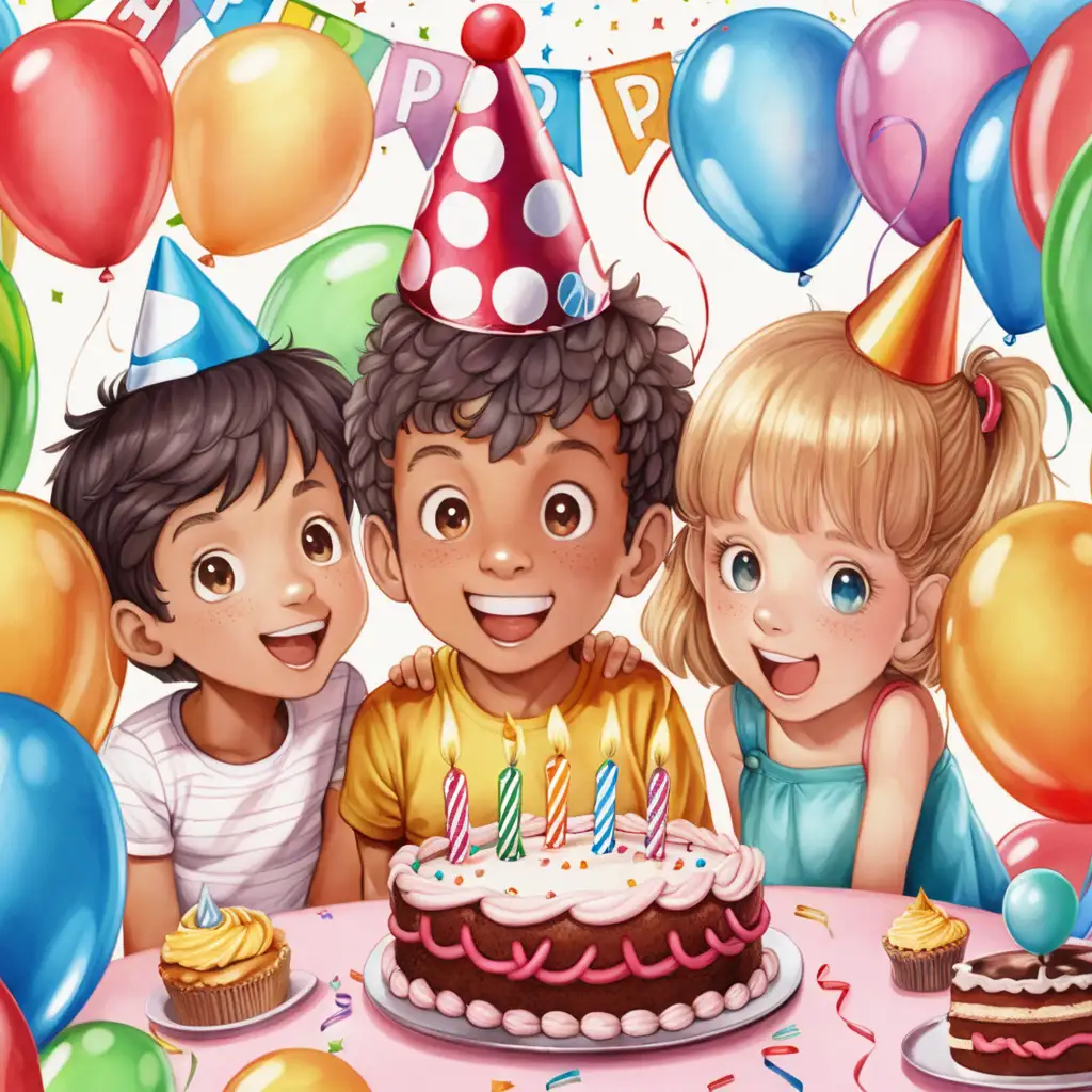 children at a birthday party, birthday cake and balloons

