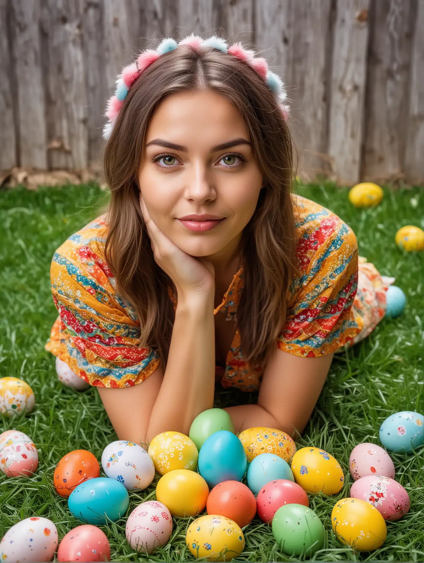 Sexy Ukrainian girl with exquisite facial features, Easter themed clothes,Green grass, colorful eggs, mischievous and lovely actions, facing the camera, professional photography technology, full body photo