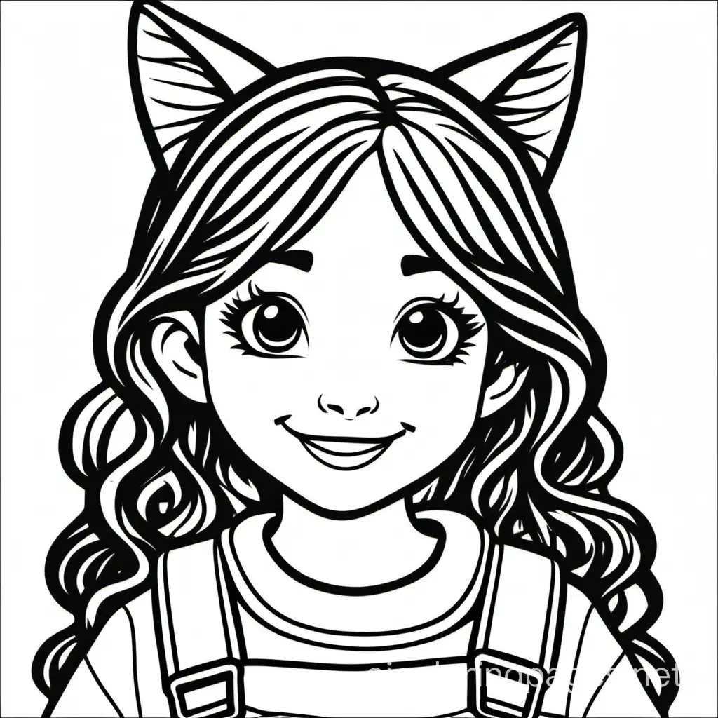 A girl, she has dark blue cat ears on her head, wavy black long hairs, brown eyes. she is 6 and look so cute. wears overalls on a cream sweater, Coloring Page, black and white, line art, white background, Simplicity, Ample White Space. The background of the coloring page is plain white to make it easy for young children to color within the lines. The outlines of all the subjects are easy to distinguish, making it simple for kids to color without too much difficulty