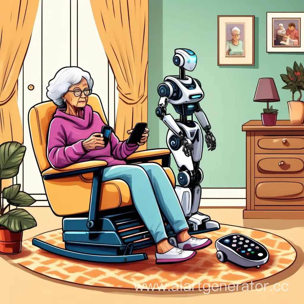 grandmother sits in the house in an electric rocking chair and rocks, adjusting with a remote control, and a robot brought a cup of coffee