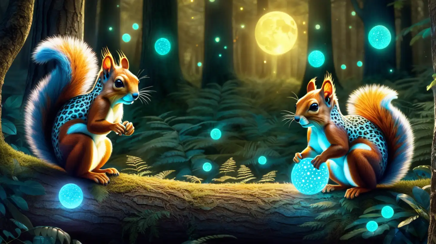 hybrid-squirrels with glowing cheetah spots in a magical forest surrounded by glowing half-moons