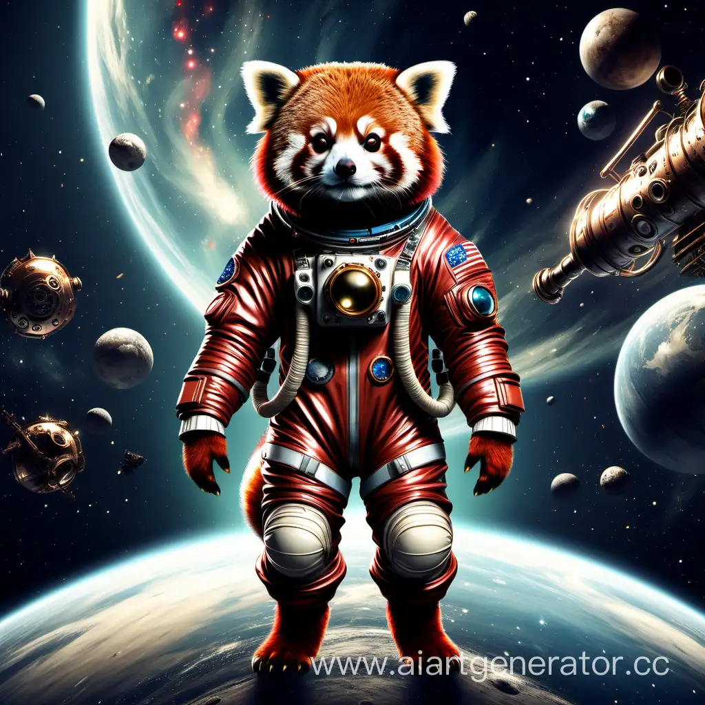 Красная Панда Астронавт в скафандре и шлеме во весь рост в космосе Стимпанк стиль