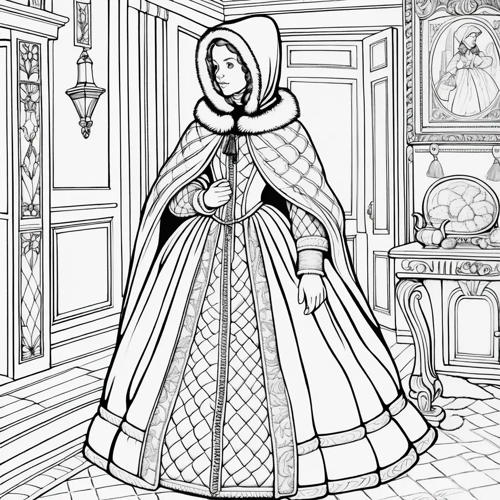 Winter Fashion Coloring Page 1600s Woman in Hooded Cloak and Fur Muff
