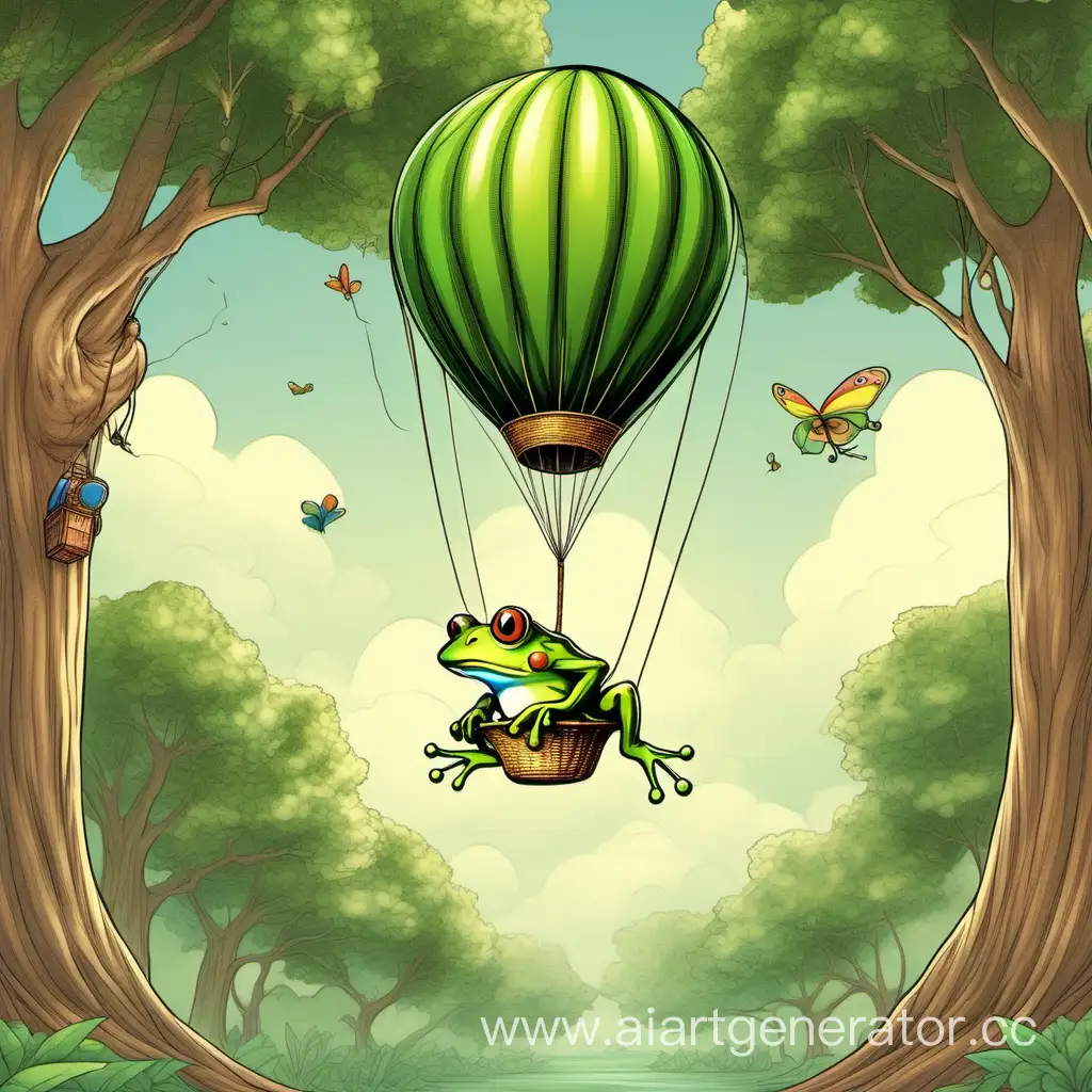 Лягушка летит на привязанном к телу воздушном шаре над огромным деревом