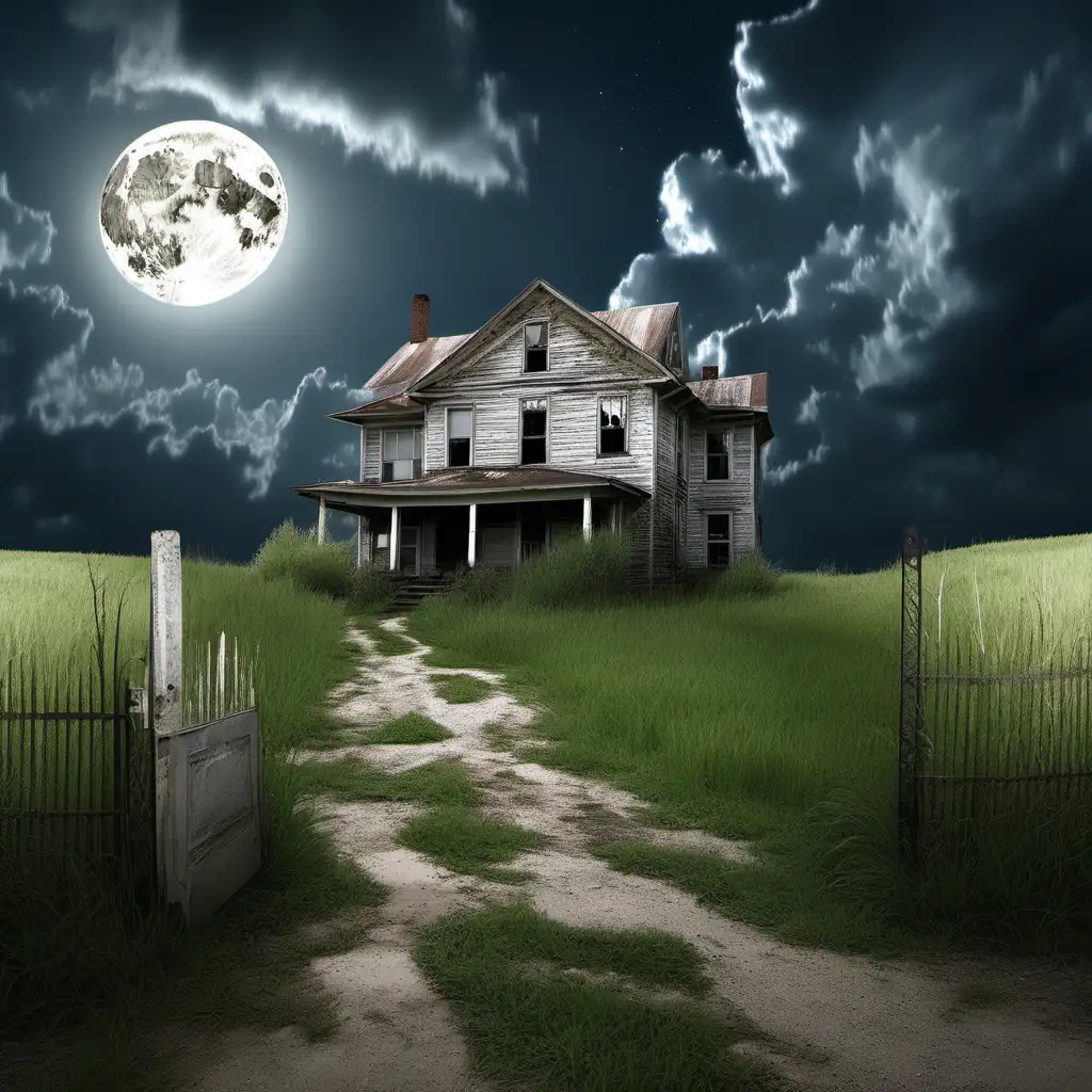 2 story abandonded farmhouse, dirt driveway, flowing grass on either side of driveway, puffy clouds with silver full moon