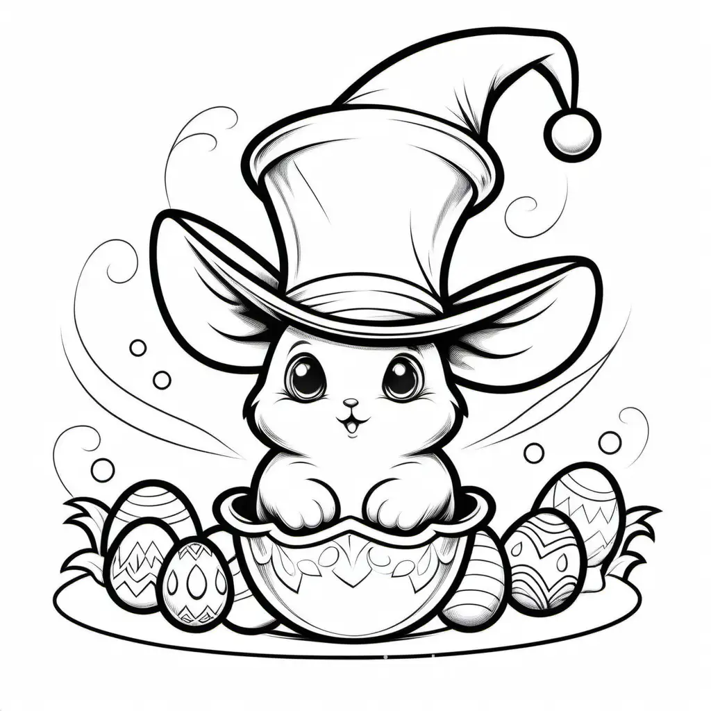Baby bunny and egg come out of a magician hat, Coloring Page, black and white, line art, white background, Simplicity, Ample White Space. The background of the coloring page is plain white to make it easy for young children to color within the lines. The outlines of all the subjects are easy to distinguish, making it simple for kids to color without too much difficulty
