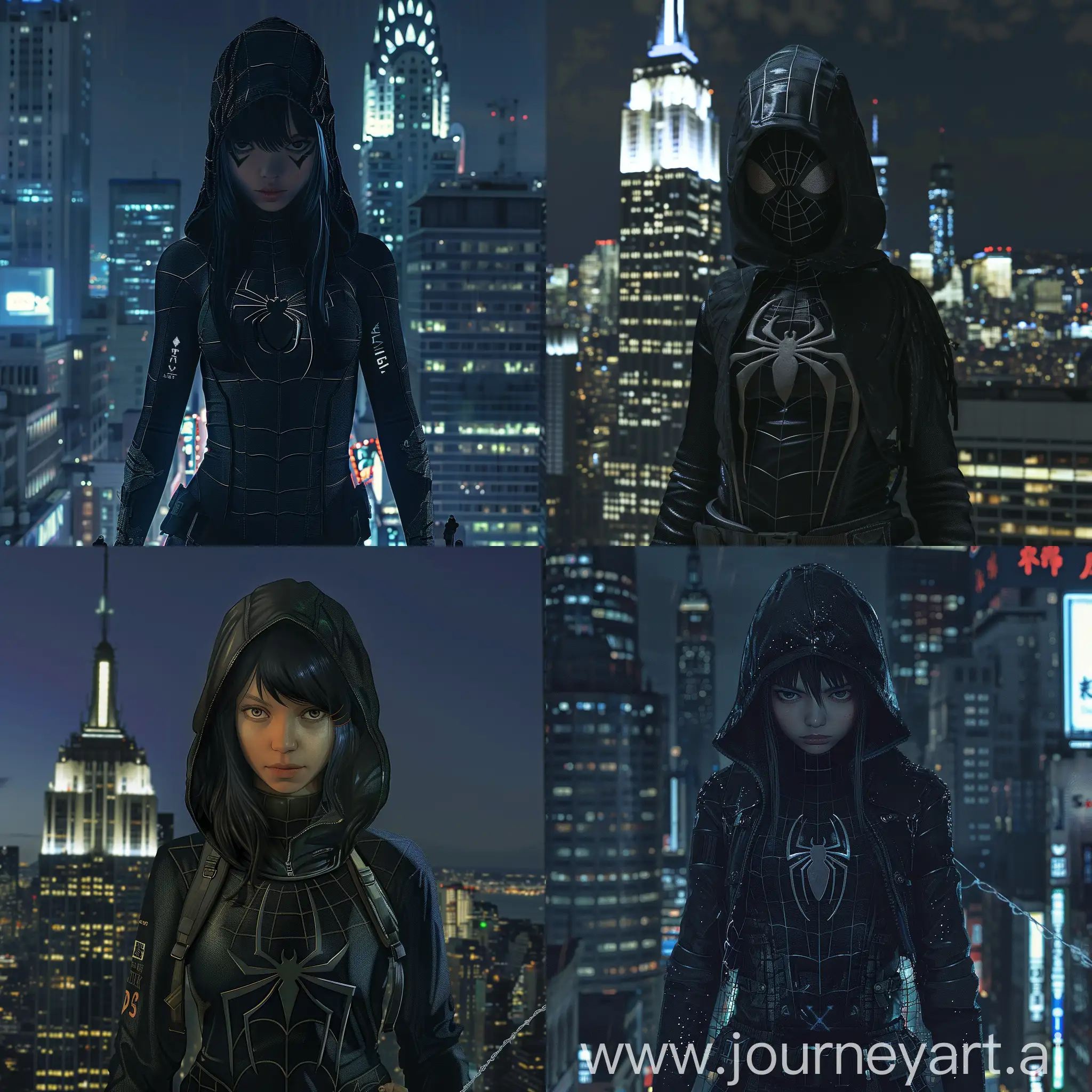 A girl in a Spider-Man costume. Black colors, with a spider on the chest. On the background of the night city, skyscraper.