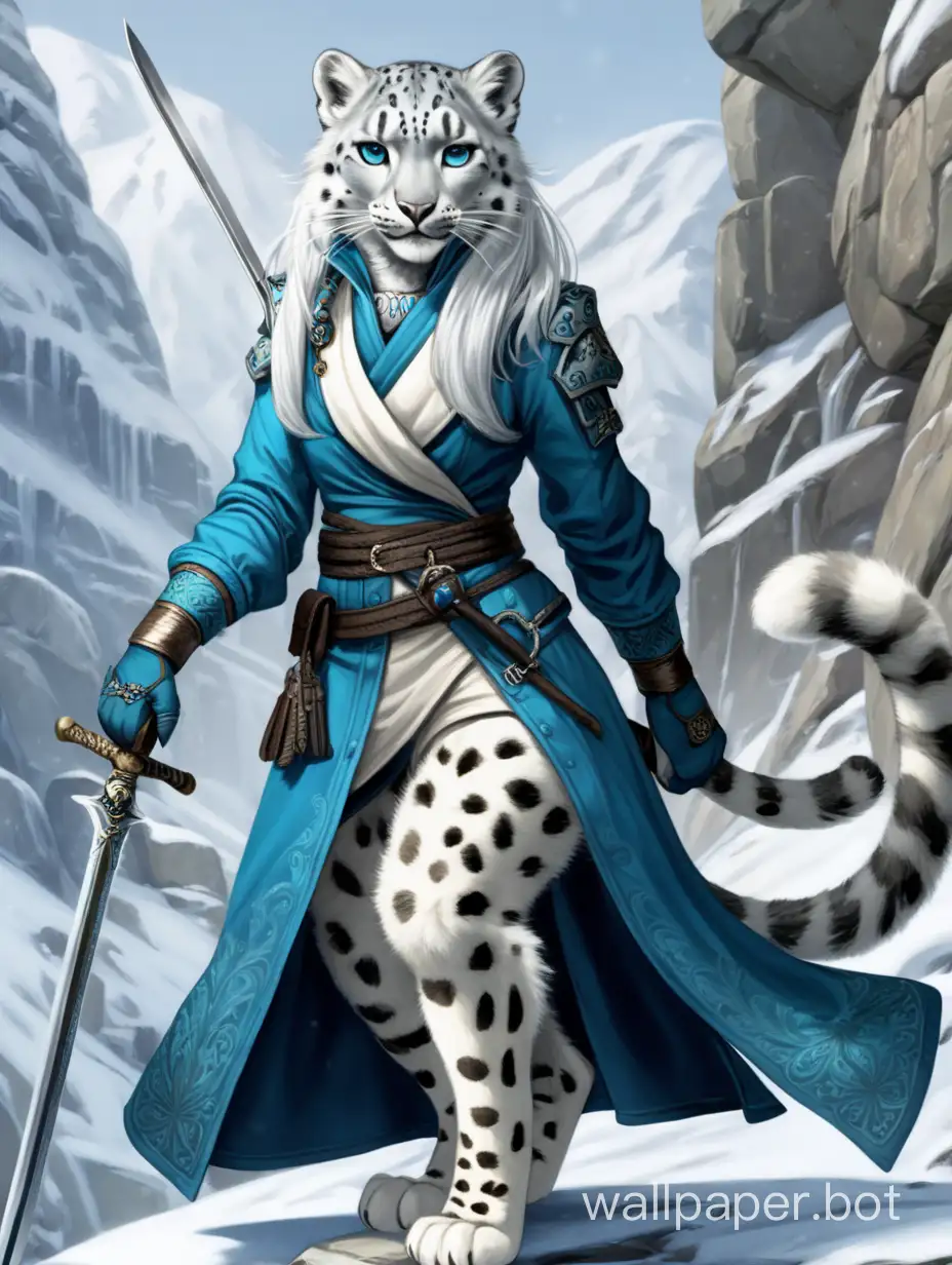 female snow leopard tabaxi with long white hair that has blue tips, armed with a rapier wearing a long-tailed coat and leggings