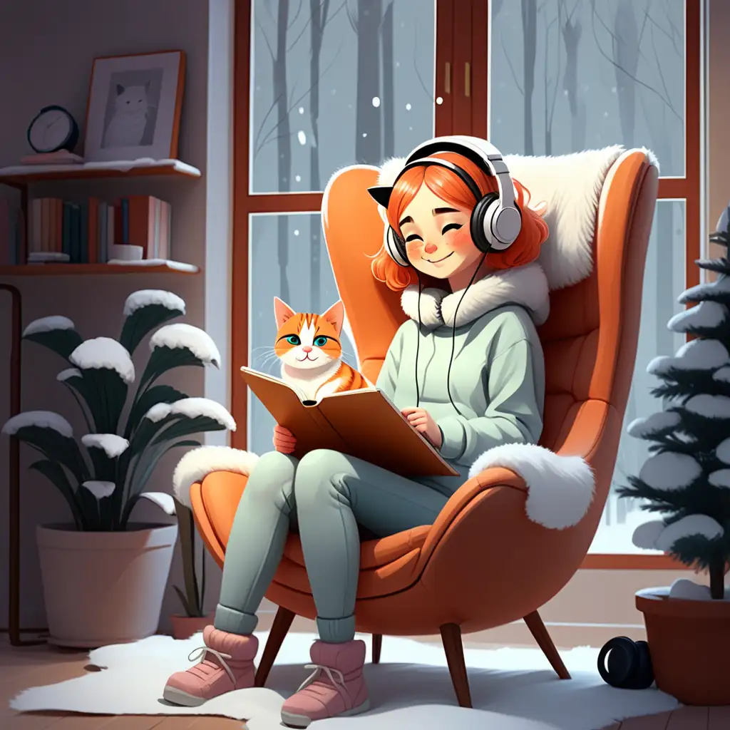 Lofi girl drawing with a cat in the winter with cool headphones indoors on a super cozy chair and she is happy
