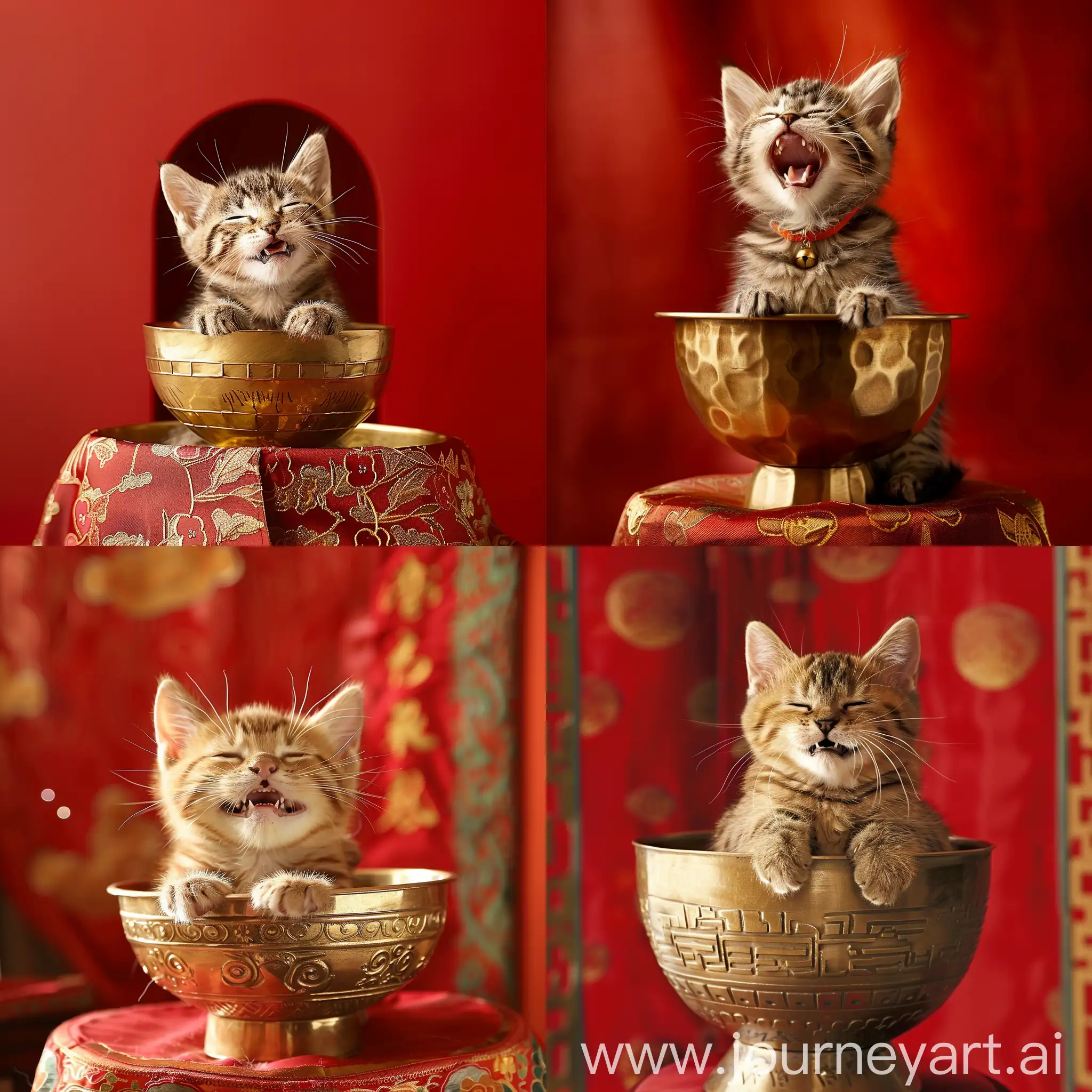 A anime cute Chinese lucky cat sit in gold bowl picture ,Chinese red background,laugh,smiling,