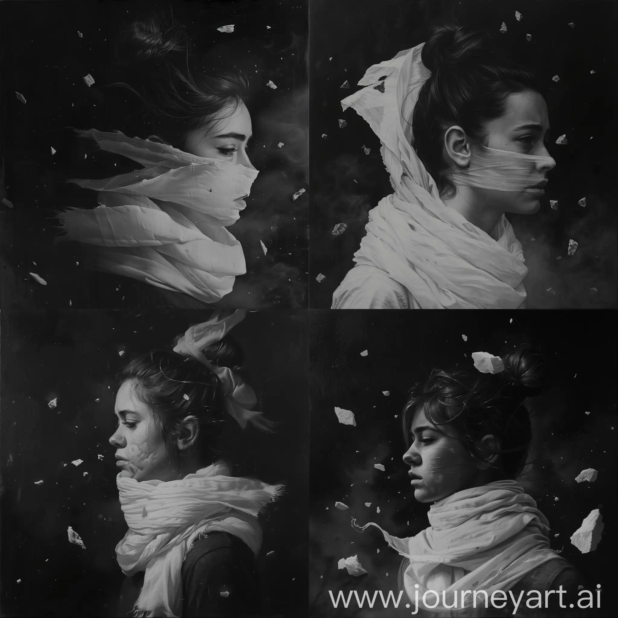 black and white artistic,classic masterpiece, oil on canvas, portrait of a modern young woman with a bun and a white scarf over the head in the wind   covering most of her face , half profile, dark background, on the darkened face illuminated by clair obscure light, everything is in sfumato, mystical and shrouded in a fog through which small and medium 3D rock fragments