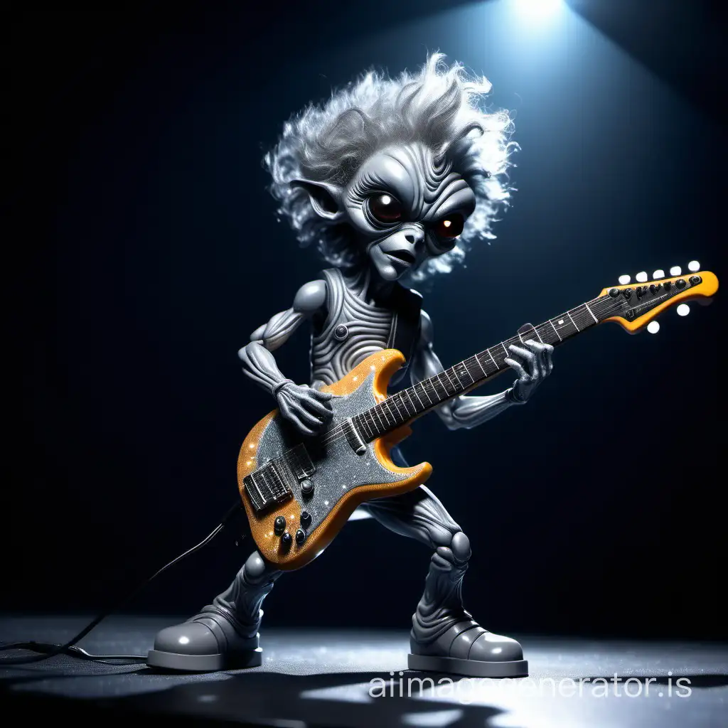 Little Grey from an extraterrestrial civilization is playing the electric guitar on stage, with a dark background and dazzling lights.