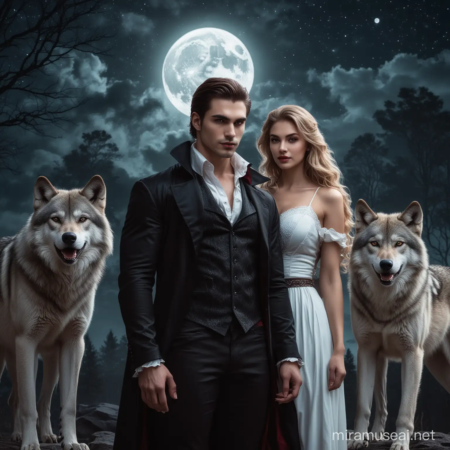 Mystical Encounter Handsome Vampire and Beautiful Woman with Wolves under Moonlit Sky