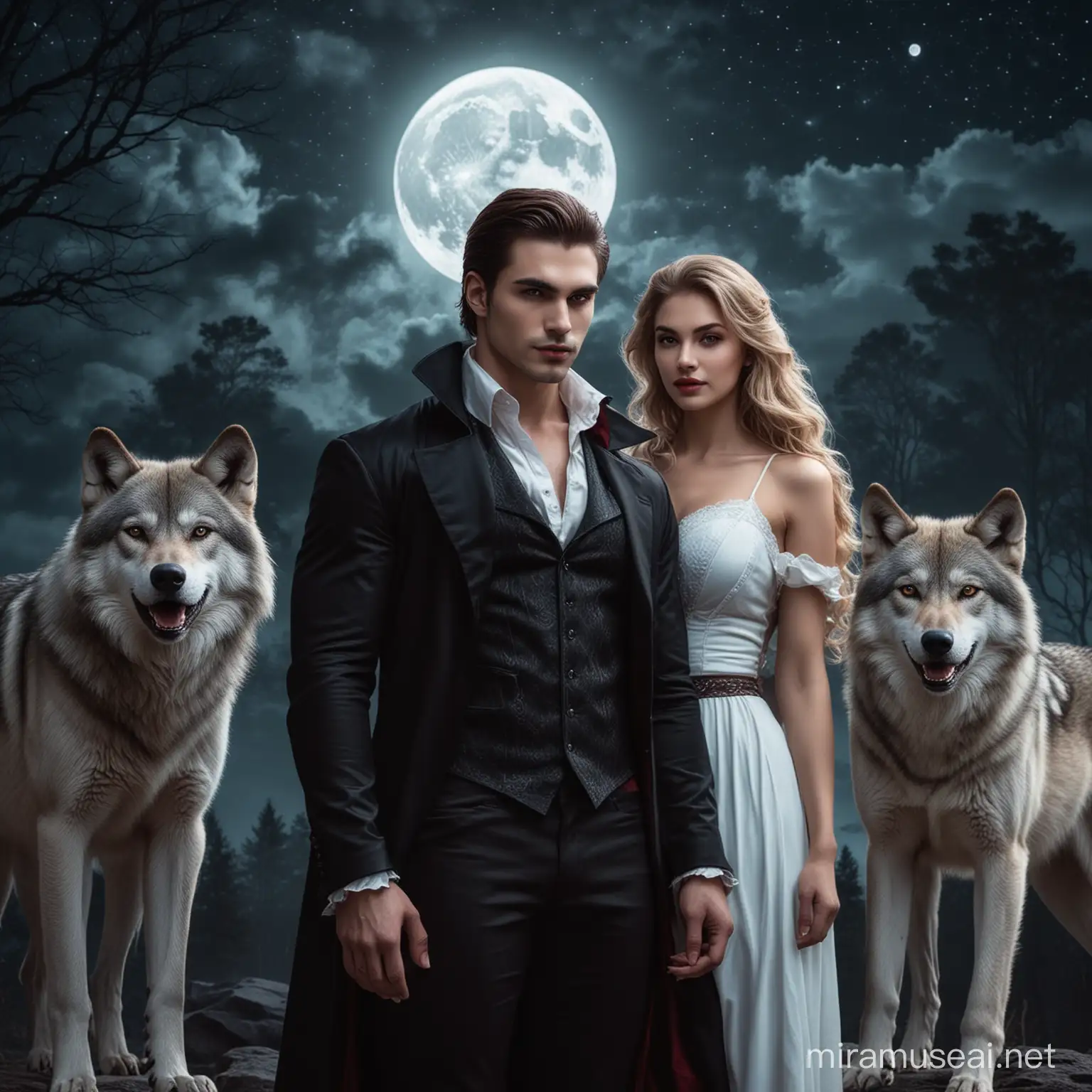 picture of a handsome Vampire male standing next to a beautiful women  who is looking at two wolves in the background night sky with a visible moon