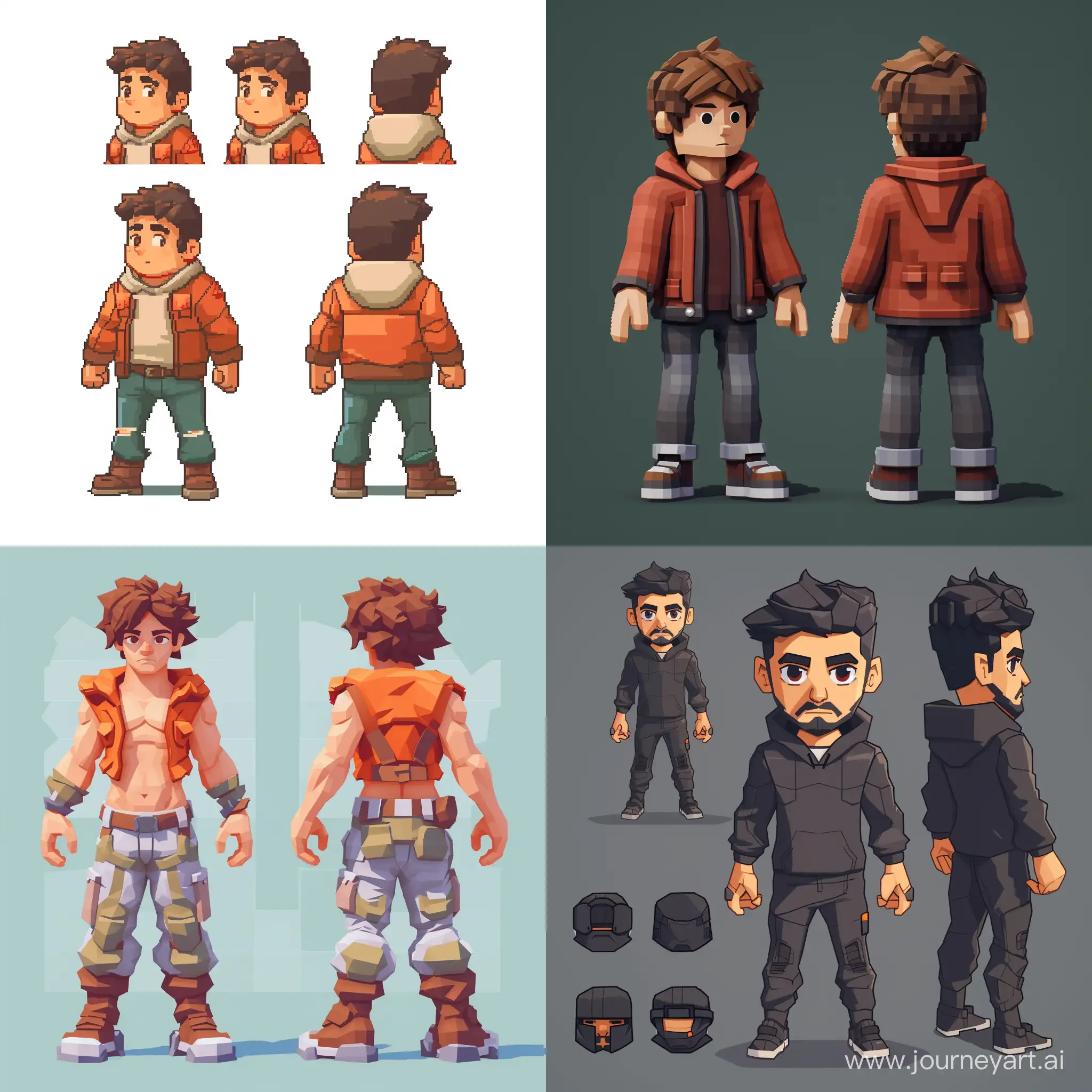 pixel character to play from all sides and with all assets: top-down view, in motion, standing