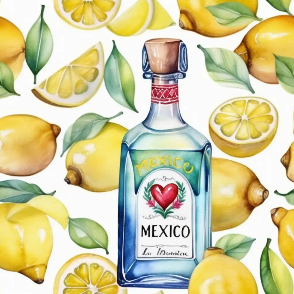 Mexican Fiesta Vibrant Watercolor Bottle of Tequila with Heartshaped Lemons