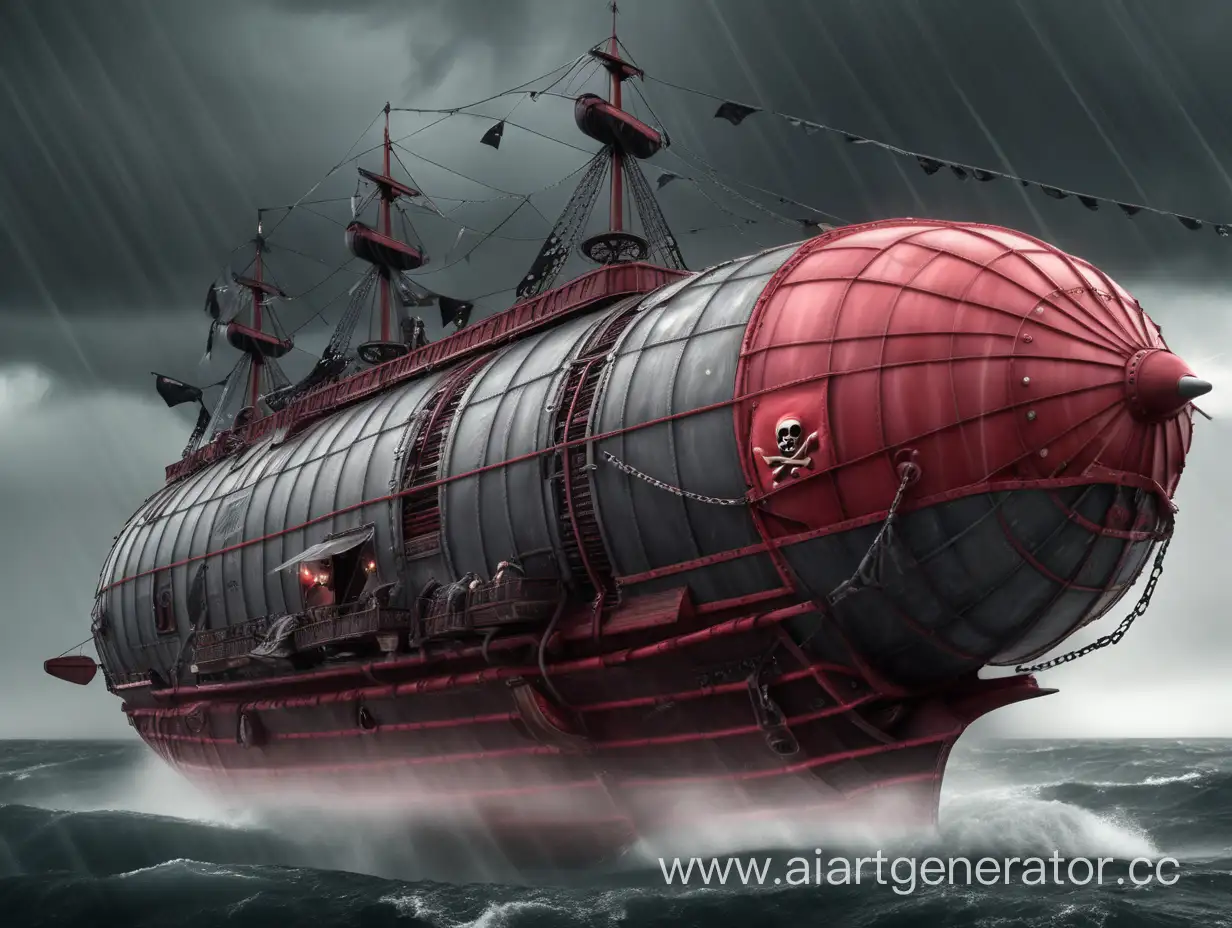 Пиратский дирижабль в серо-красных тонах, вооружённый до зубов в стиле дизельпанка во время сильного шторма
