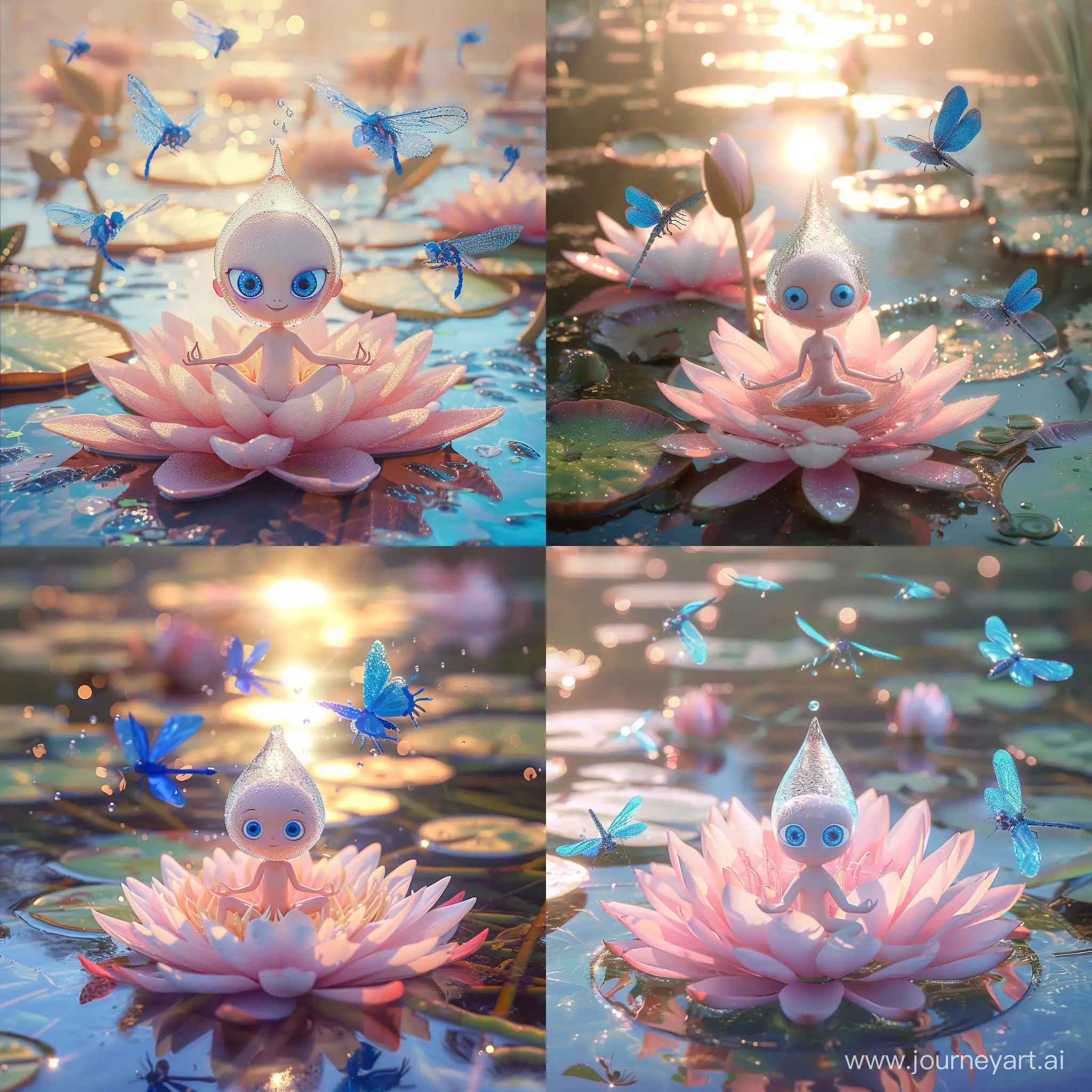 A cute humanoid water drop with blue eyes, transparent and shiny, is in yoga position on a pink water lily flower, the drop is well textured and fine. she is alone. The water lily is on a pond with lots of water lilies. Around the drop fly realistic blue dragonflies and realistic blue butterflies with blue wings. ultra detailed insects. bright light. textured image. photo style, HDR, UHD