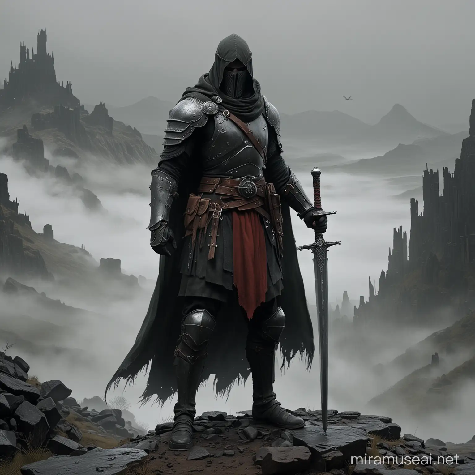 EQUIPED WITH HALBERT NOT SWORD Render a scene depicting Alva the Wayfarer, adorned in his dark, weathered armor, standing amidst a desolate, fog-covered landscape reminiscent of the Dark Souls universe. Equiped with a shield and halbert. Armor with red fabric The environment should be dominated by muted shades of gray and black, with occasional hints of sickly green or blood-red accents. Alva's figure should be illuminated by a faint, eerie light emanating from his enchanted sword, casting long shadows that dance across the uneven terrain. The atmosphere should evoke a sense of loneliness and melancholy, with the oppressive weight of Alva's failed mission palpable in the air. 