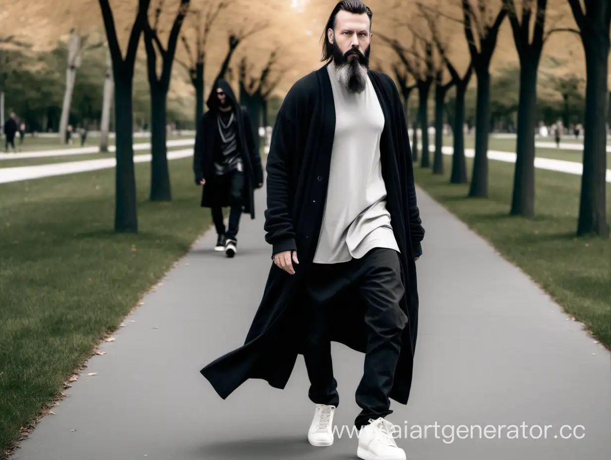 a handsome bold man with beard, walking in a park, wearing clothes from the brand rick owens. ramones sneakers. long cardigan.