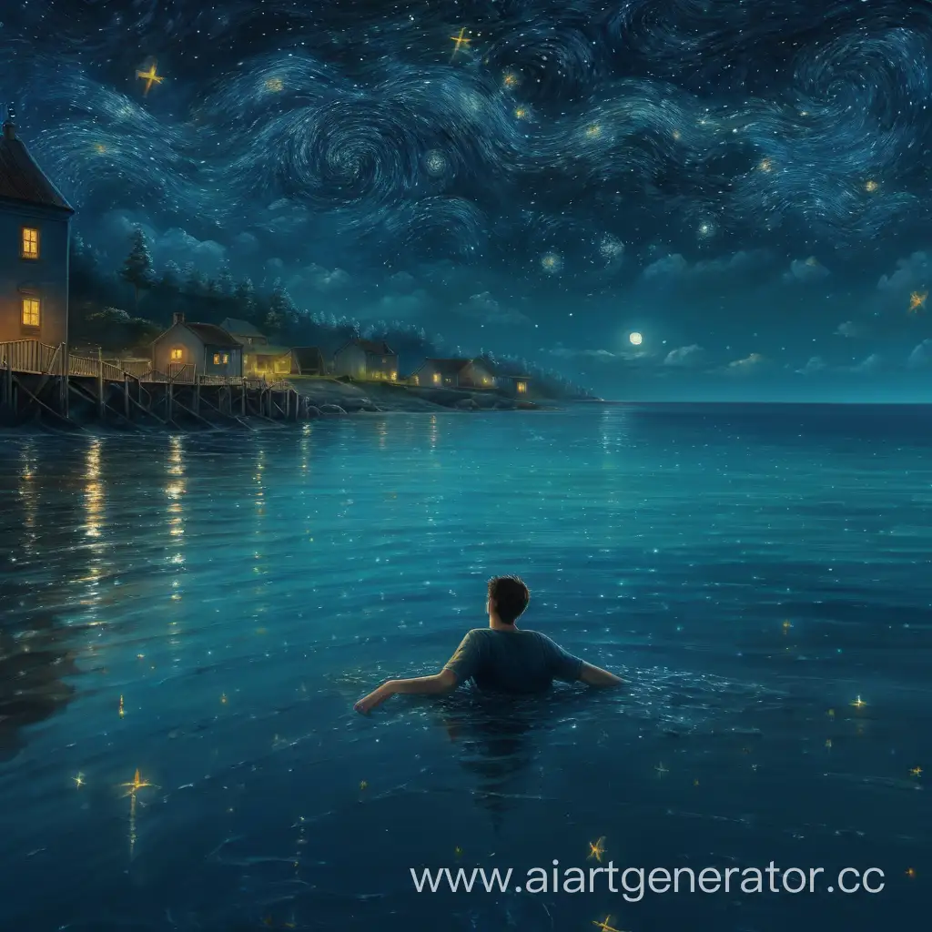 море, звездная ночь, темно, лето, парень лежит в воде рядом с берегом