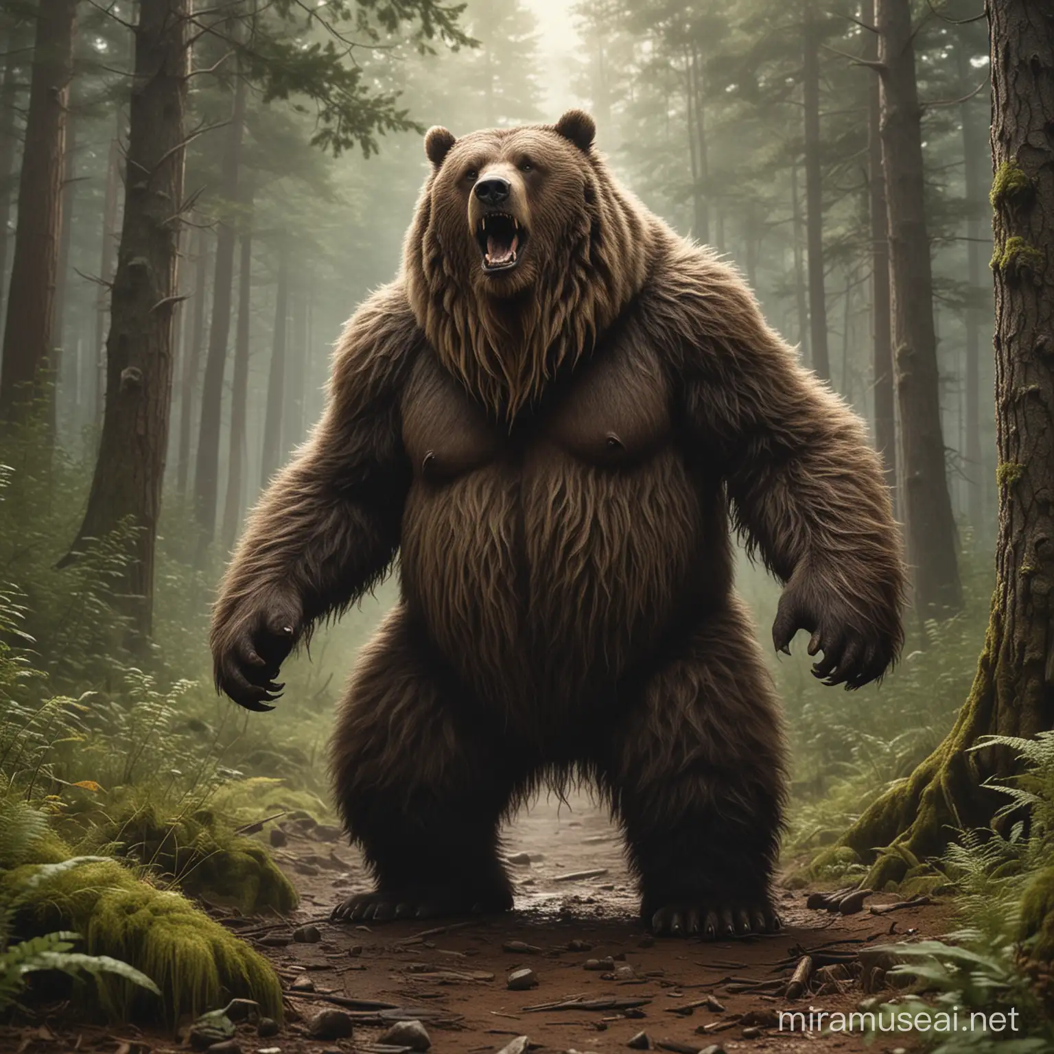 werebear,chubby,shorty,hairy,long beard,Mess hair,primitive,deep forest,on all fours,Roaring to the sky