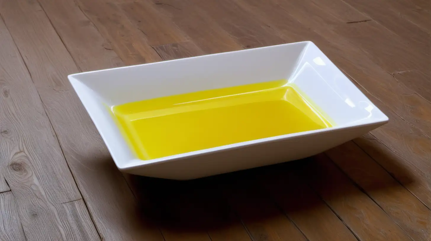 rectangular white bowl with shiny yellow liquid on dusty wood floor corner.
