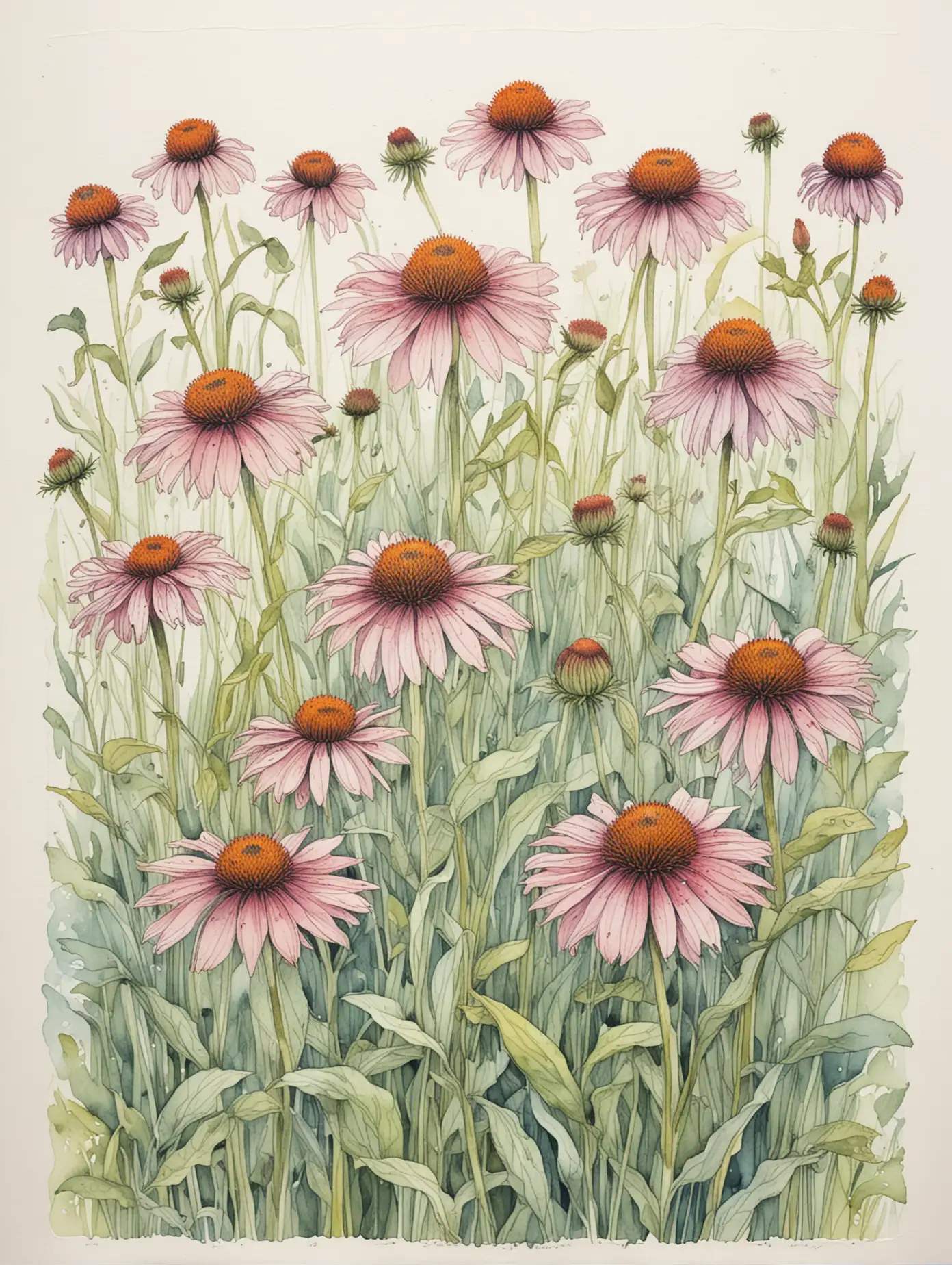 Simple water color and line drawing of a field of echinacea

