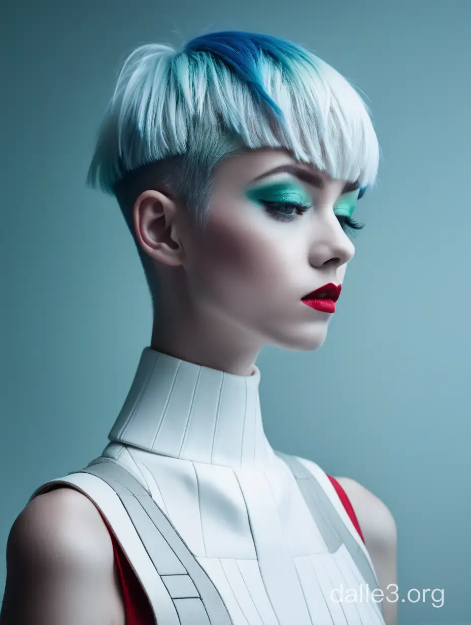 minimalism, white, red, powdery, blue, creamy gray, green, fashion photography, dry pigment eyeshadow, short geometric haircut, fashion photography in Gothic futurism, changing depth of field, ethereal lighting