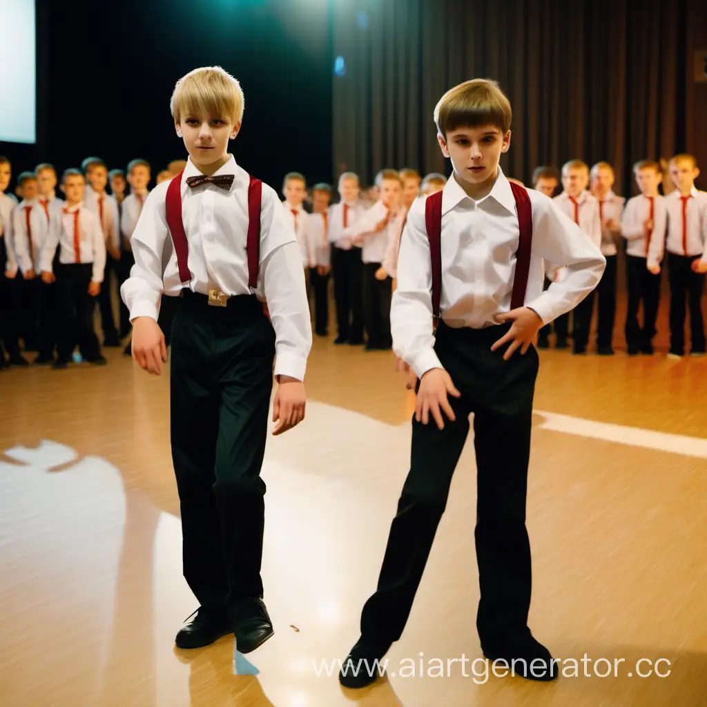 два мальчика спортивного телосложения 13 лет один со светлыми волосами другой с коричневыми волосами на сцене  вели танцпол в русской школе
