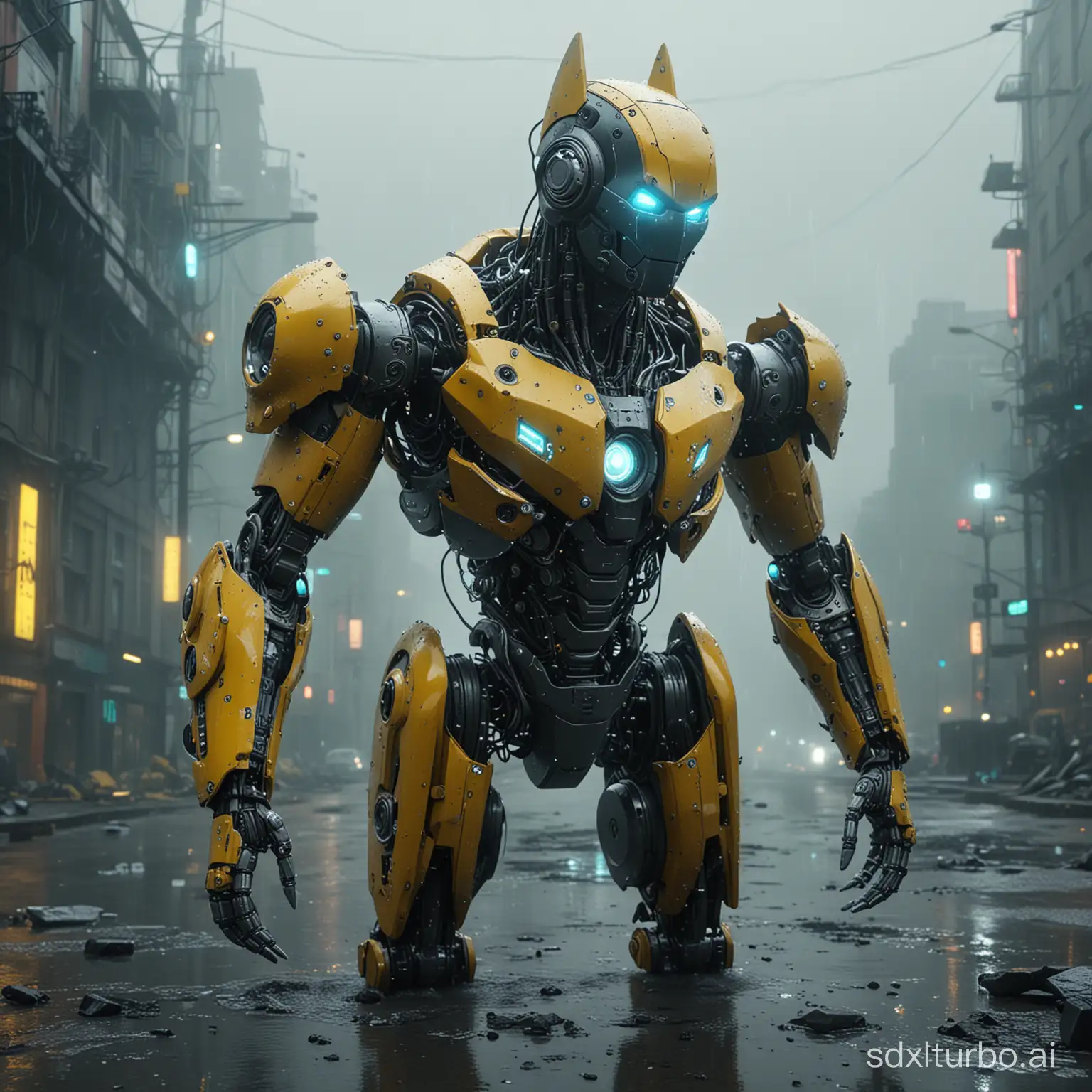 rendering, side shot, falf-strange body with complex system equipment with hyper detail robot, gaze, sci-fi, gloomy environment, foggy with light shader, cyan and yellow illuminations, dramatic lighting, RTX shader, hyper detail texture with reflection, HDRI, cyborg, grunge, bolt, bitcoin falling down, batman and robin, UHD --chaos 1. 2 --ar 9:16 --style raw --stylize 750